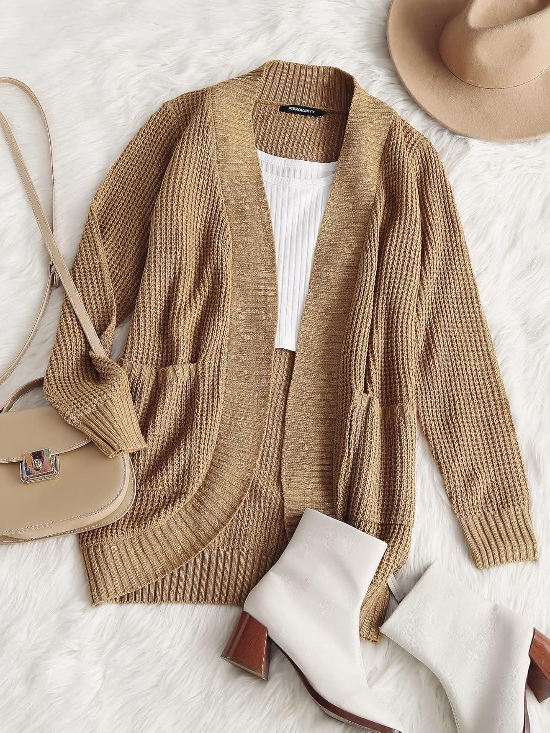 imageMEROKEETY Womens Long Sleeve Open Front Cardigans Chunky Knit Draped Sweaters OutwearKhaki
