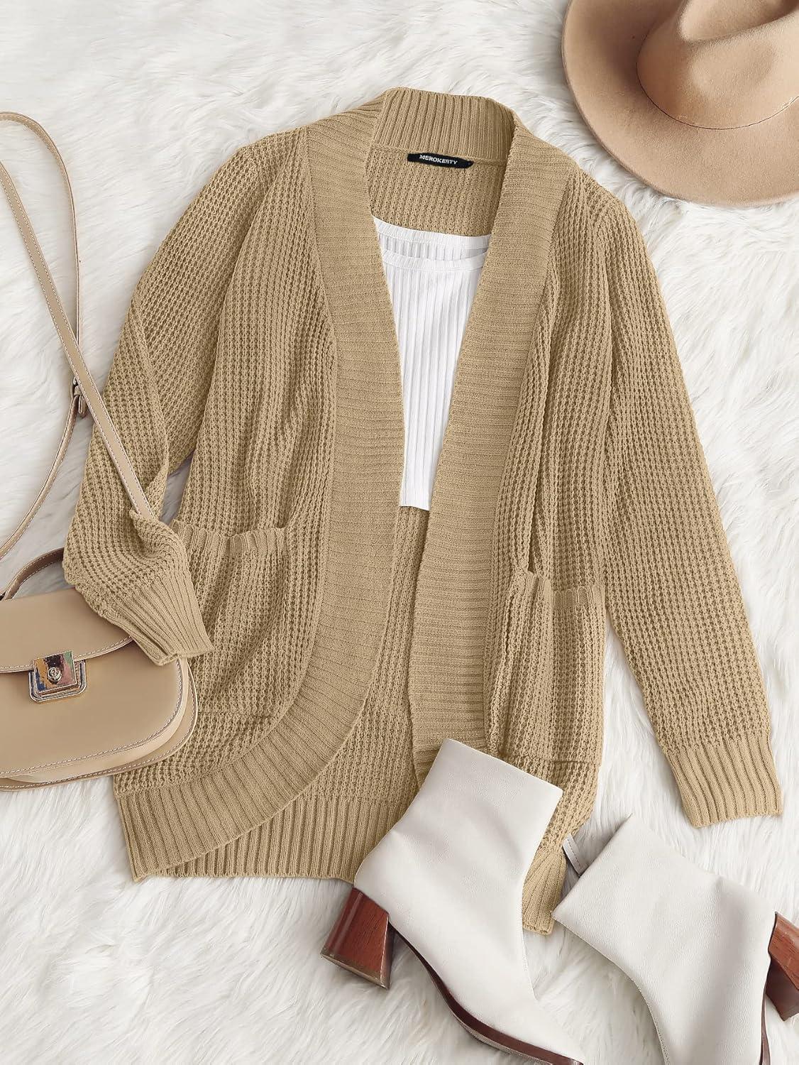 imageMEROKEETY Womens Long Sleeve Open Front Cardigans Chunky Knit Draped Sweaters OutwearLight Khaki
