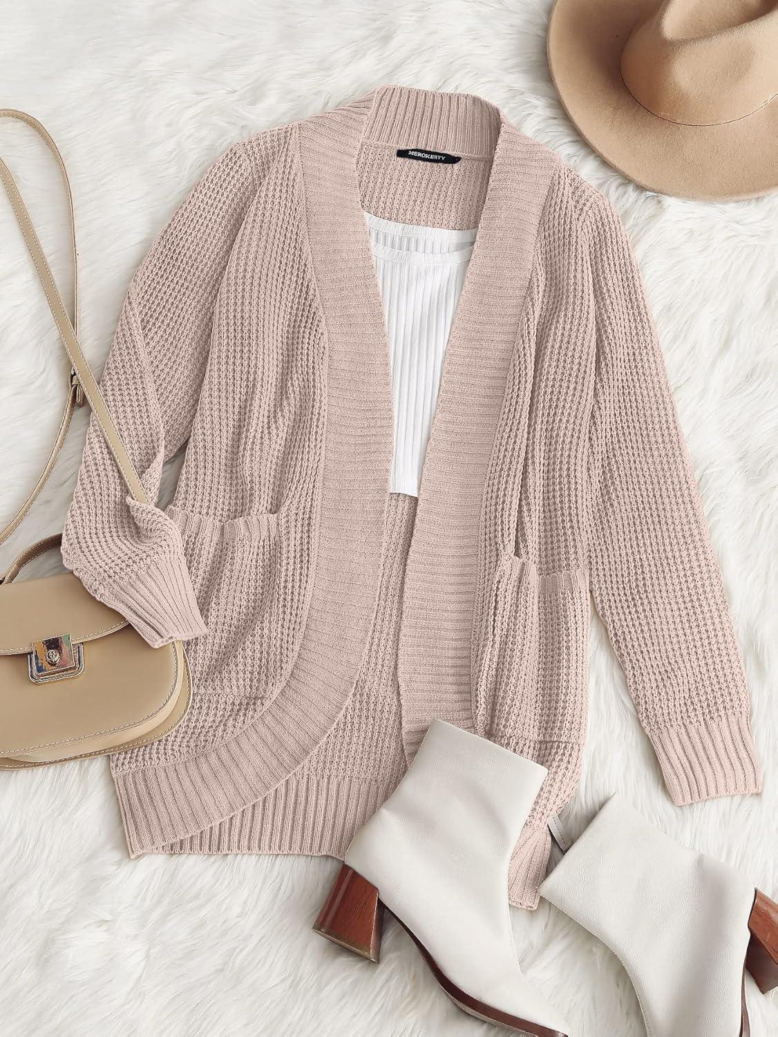 imageMEROKEETY Womens Long Sleeve Open Front Cardigans Chunky Knit Draped Sweaters OutwearLight Pink