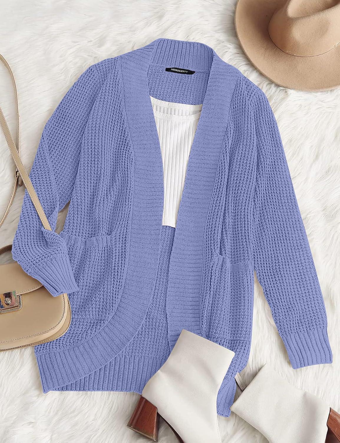 imageMEROKEETY Womens Long Sleeve Open Front Cardigans Chunky Knit Draped Sweaters OutwearLightpurple