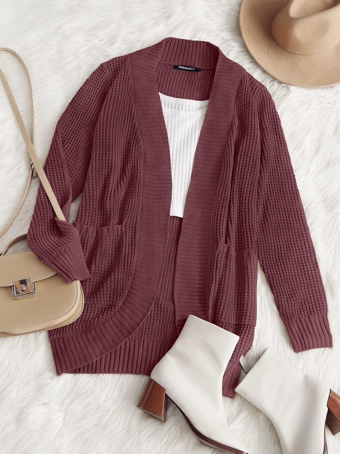 imageMEROKEETY Womens Long Sleeve Open Front Cardigans Chunky Knit Draped Sweaters OutwearMauve