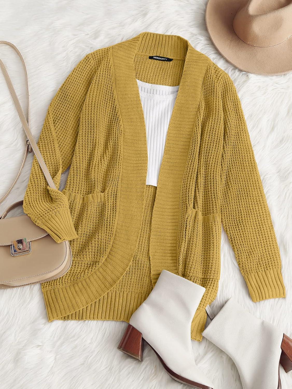 imageMEROKEETY Womens Long Sleeve Open Front Cardigans Chunky Knit Draped Sweaters OutwearMustard