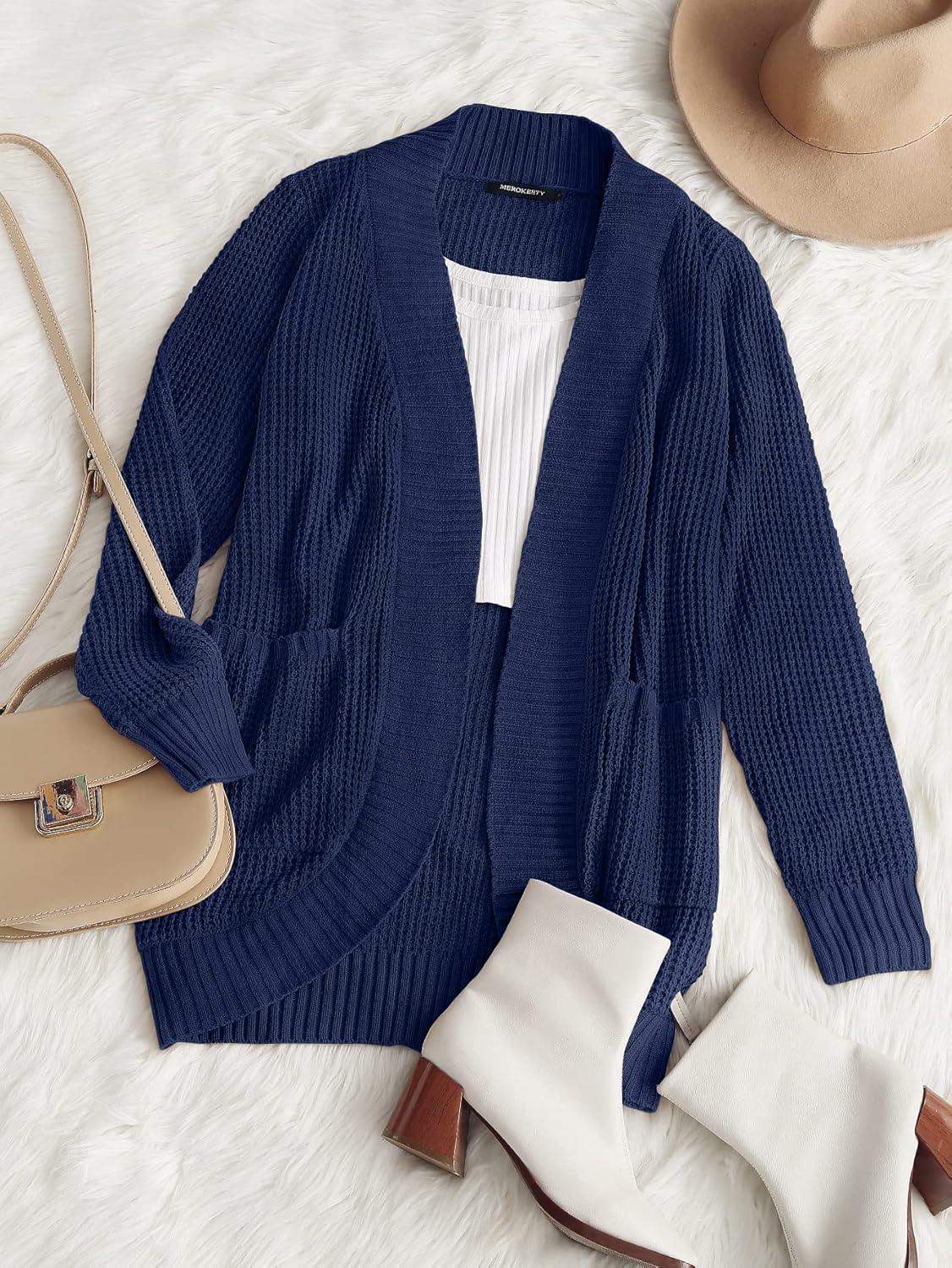 imageMEROKEETY Womens Long Sleeve Open Front Cardigans Chunky Knit Draped Sweaters OutwearNavy