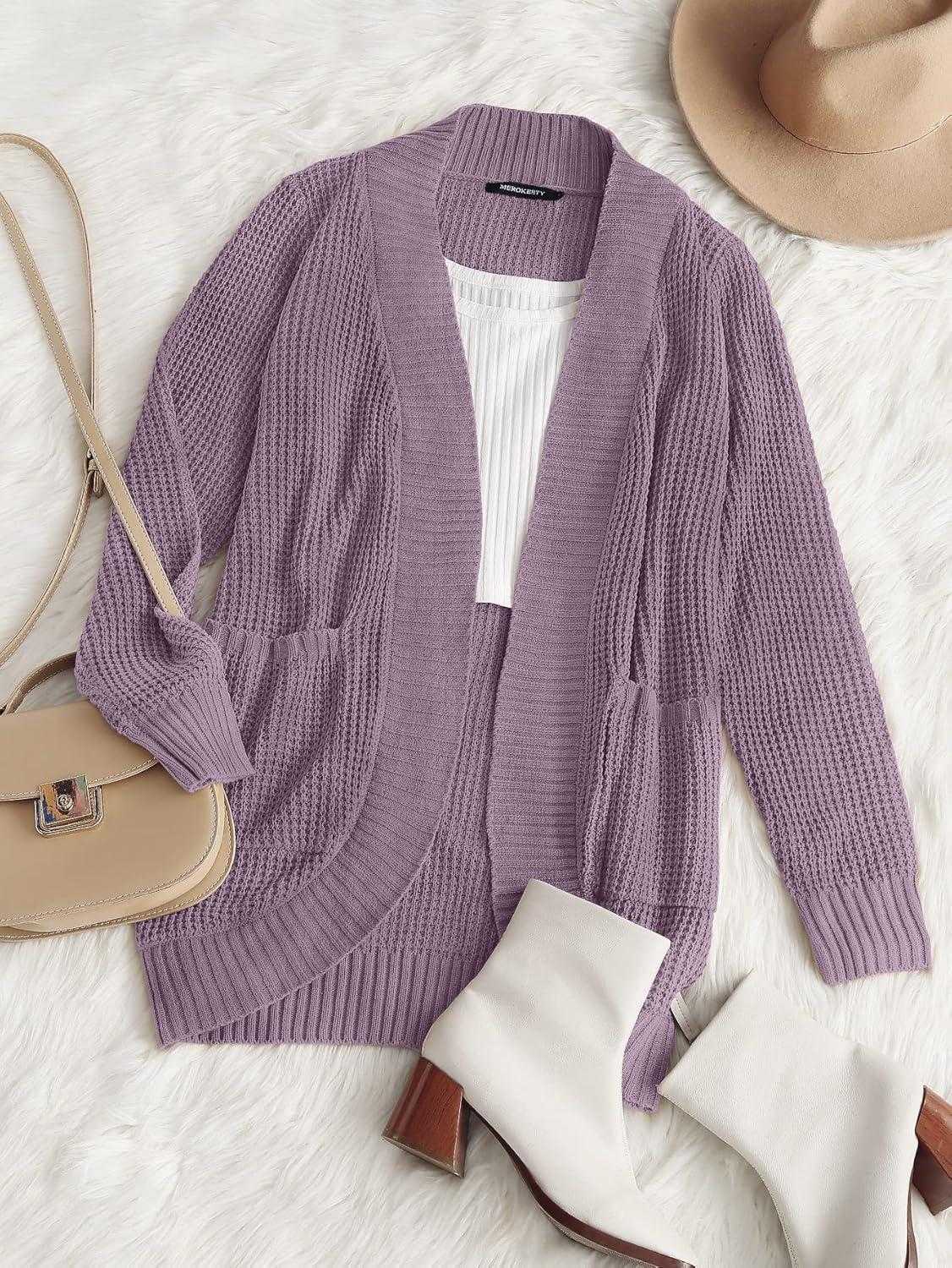 imageMEROKEETY Womens Long Sleeve Open Front Cardigans Chunky Knit Draped Sweaters OutwearPurple