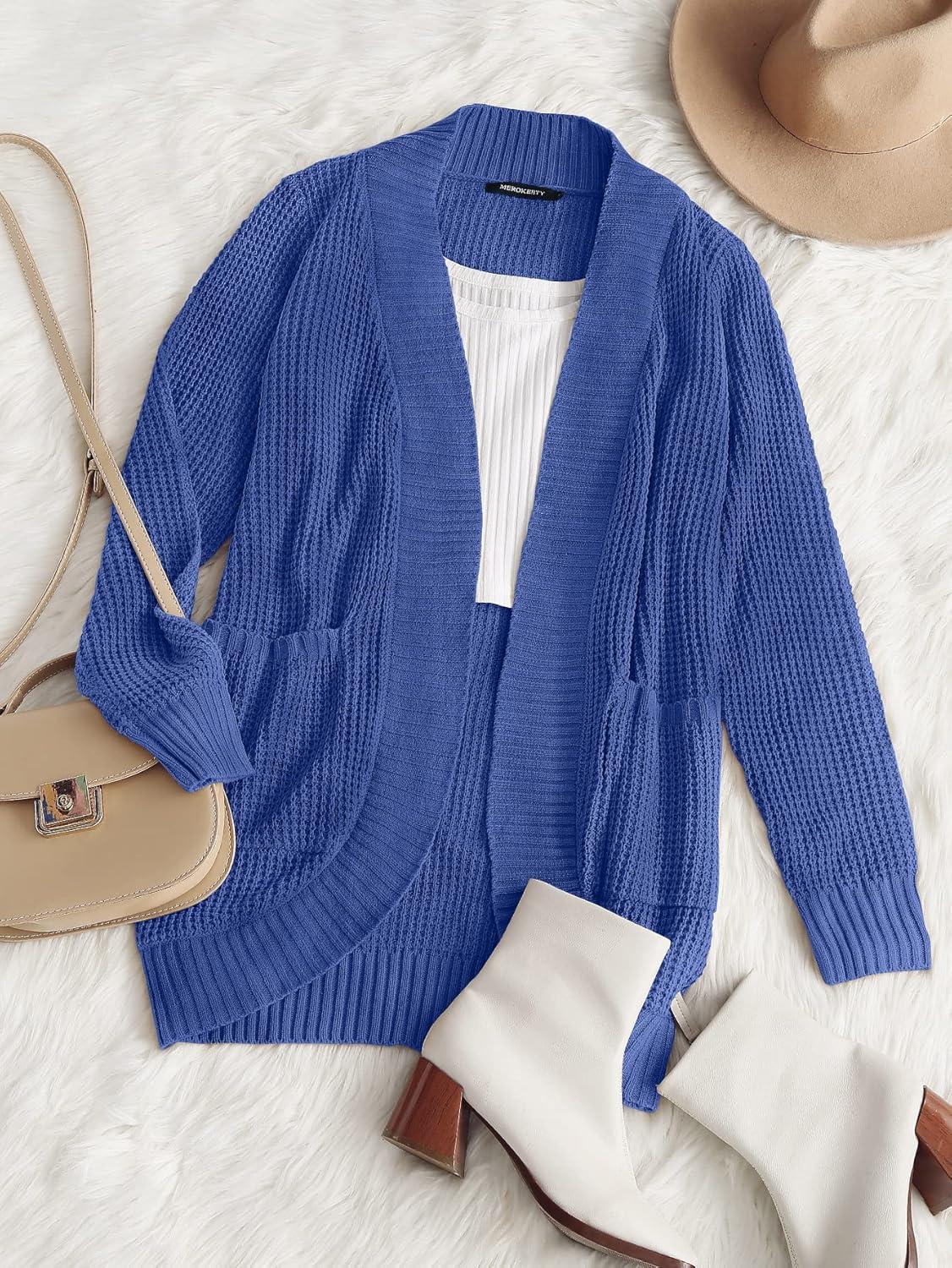 imageMEROKEETY Womens Long Sleeve Open Front Cardigans Chunky Knit Draped Sweaters OutwearRoyal Blue