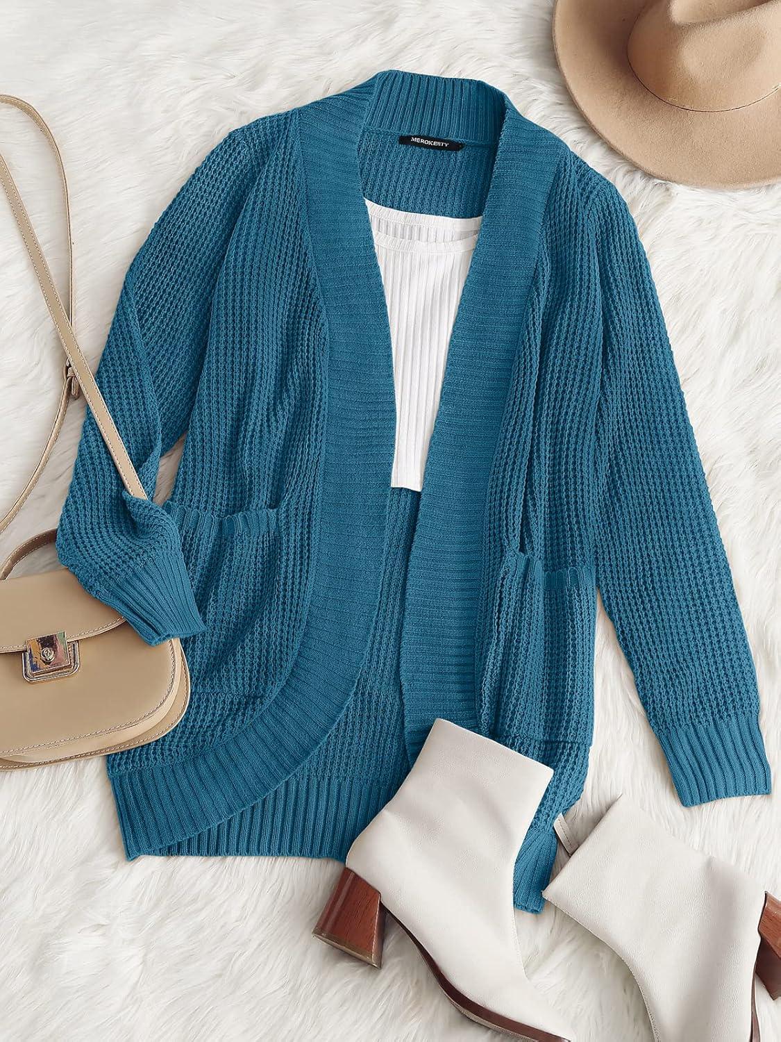 imageMEROKEETY Womens Long Sleeve Open Front Cardigans Chunky Knit Draped Sweaters OutwearTeal