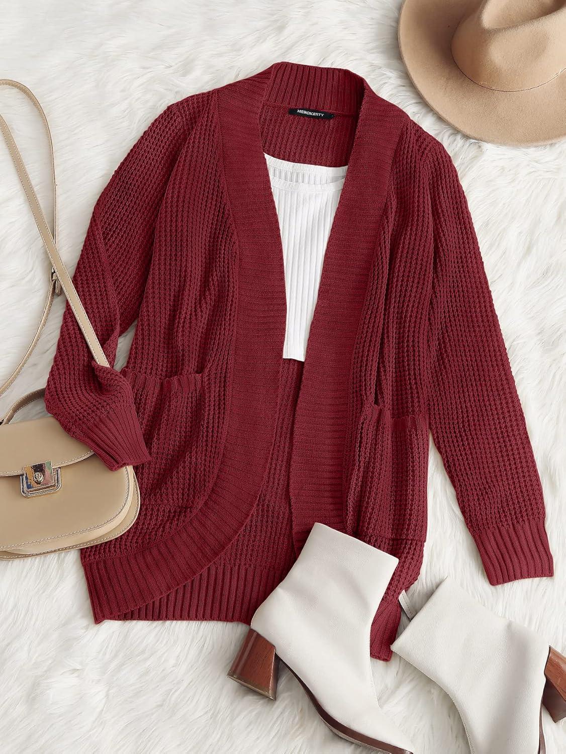 imageMEROKEETY Womens Long Sleeve Open Front Cardigans Chunky Knit Draped Sweaters OutwearWine