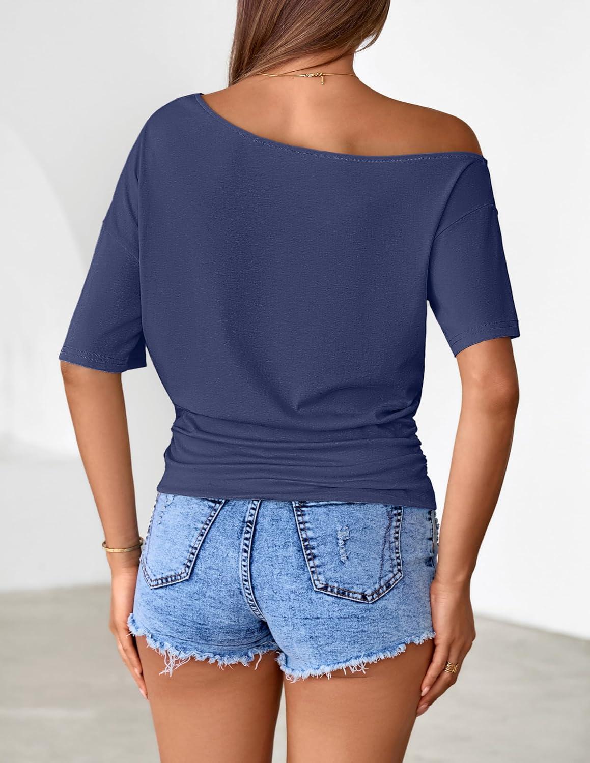 imageMEROKEETY Womens Off The Shoulder Short Sleeve Tops 2026 Summer Casual Going Out Trendy Y2k T ShirtsNavy