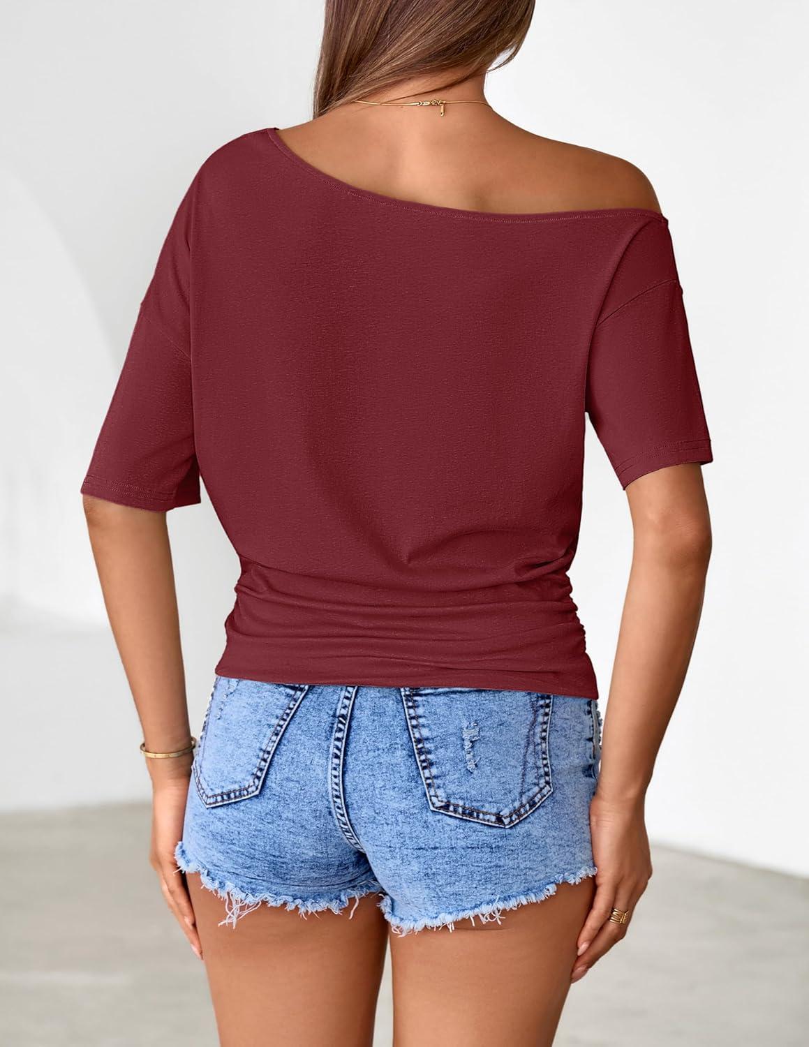 imageMEROKEETY Womens Off The Shoulder Short Sleeve Tops 2026 Summer Casual Going Out Trendy Y2k T ShirtsWine