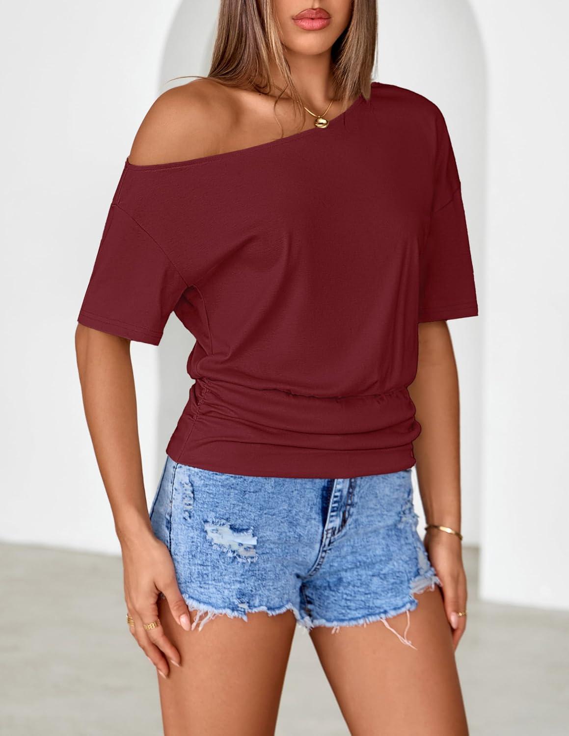 imageMEROKEETY Womens Off The Shoulder Short Sleeve Tops 2026 Summer Casual Going Out Trendy Y2k T ShirtsWine