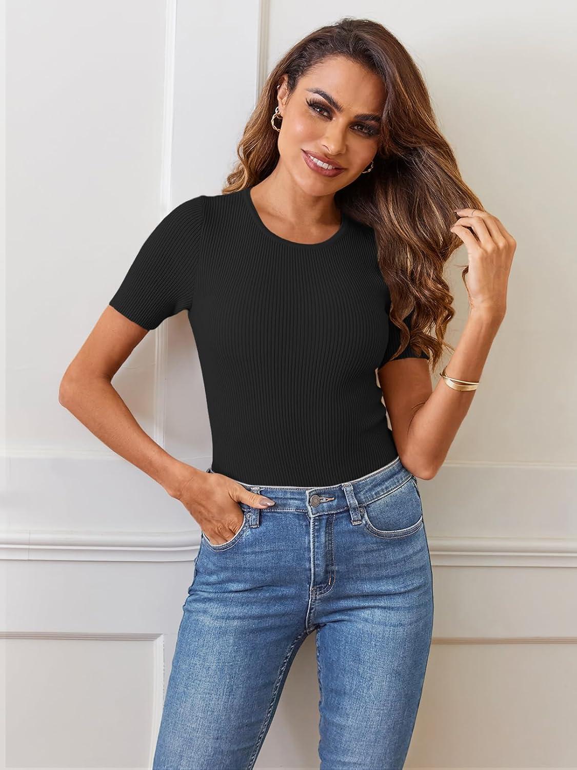 imageMEROKEETY Womens Short Sleeve Crewneck Bodysuits Summer Ribbed Knit Tops Slim Fit Body SuitBlack