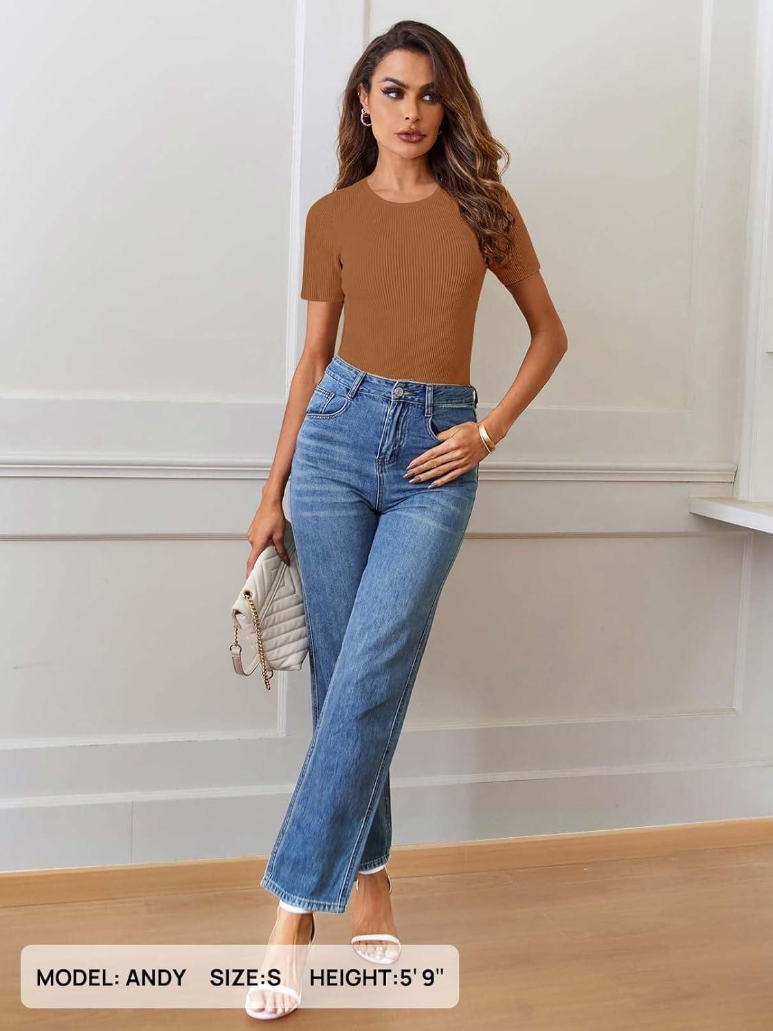 imageMEROKEETY Womens Short Sleeve Crewneck Bodysuits Summer Ribbed Knit Tops Slim Fit Body SuitBrown