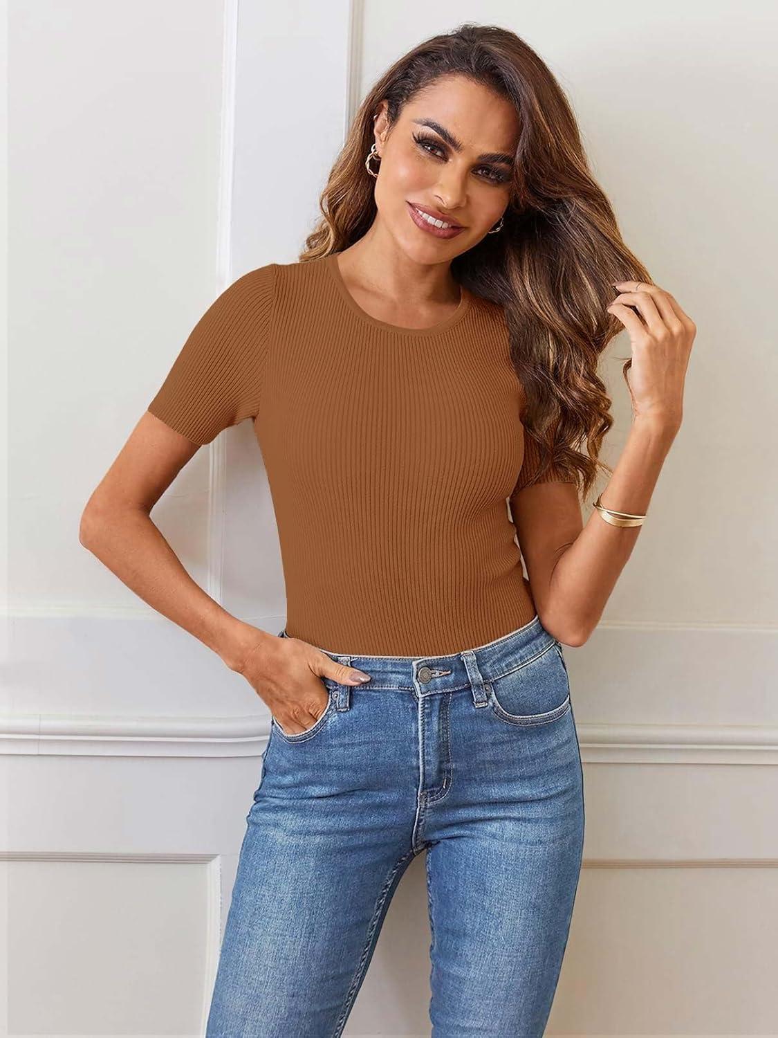 imageMEROKEETY Womens Short Sleeve Crewneck Bodysuits Summer Ribbed Knit Tops Slim Fit Body SuitBrown