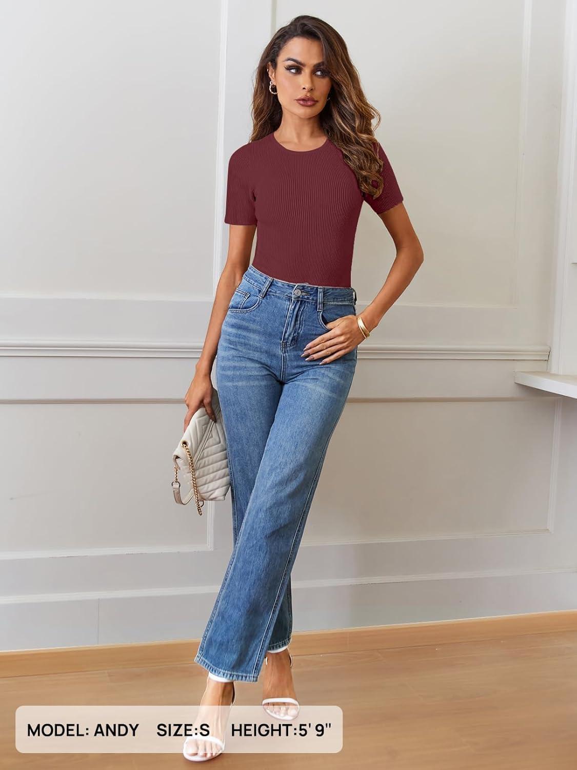 imageMEROKEETY Womens Short Sleeve Crewneck Bodysuits Summer Ribbed Knit Tops Slim Fit Body SuitWine