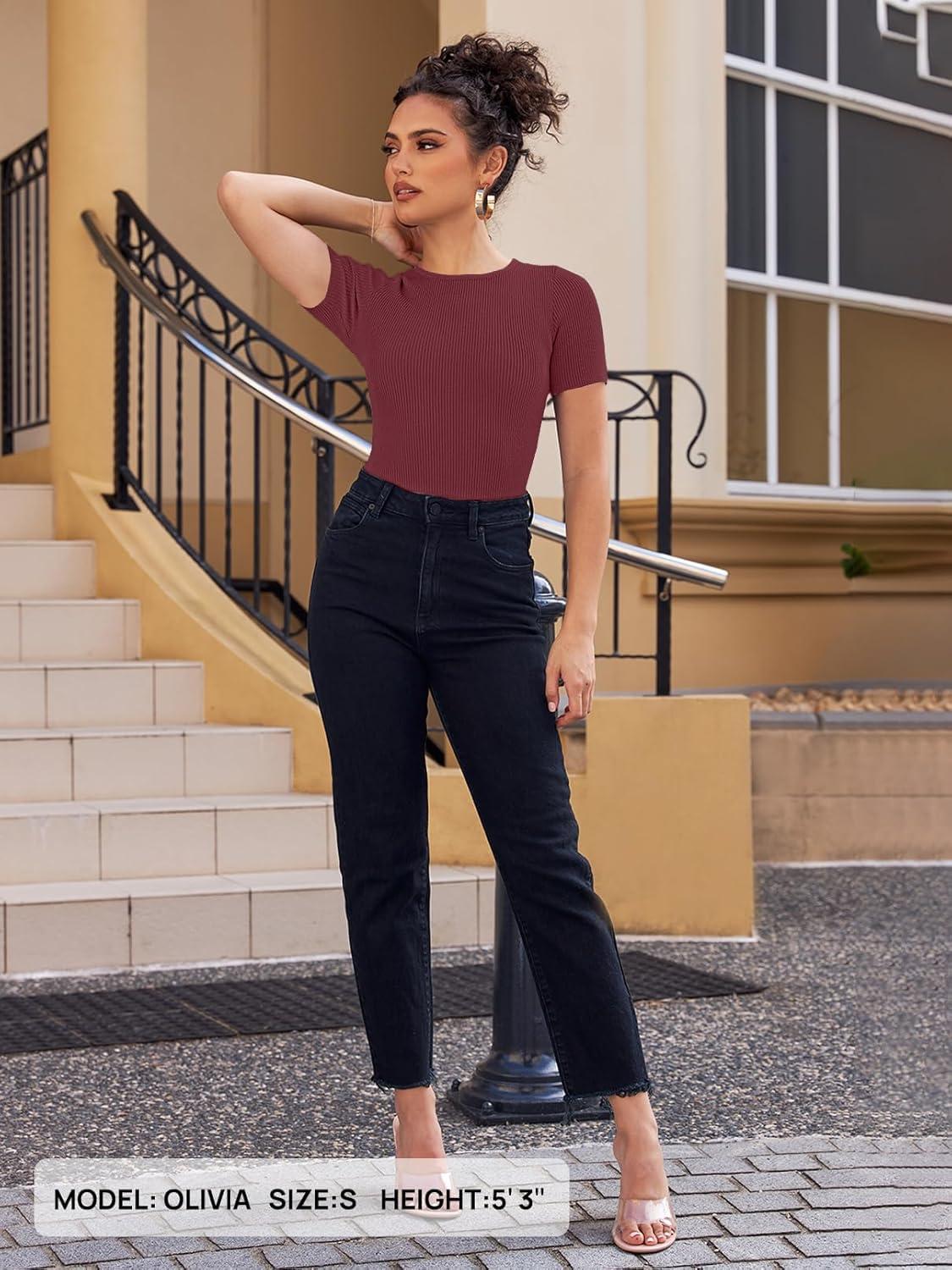 imageMEROKEETY Womens Short Sleeve Crewneck Bodysuits Summer Ribbed Knit Tops Slim Fit Body SuitWine