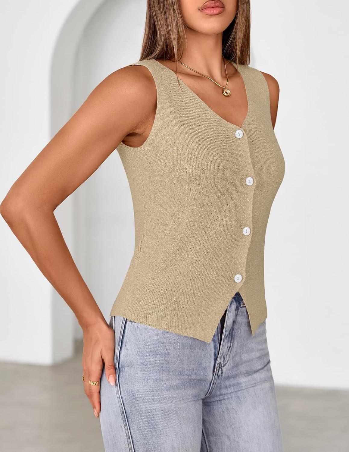 imageMEROKEETY Womens Sleeveless Sweater Vest 2026 Spring Summer Knit Tank Top Casual V Neck Button Waistcoat CardiganKhaki
