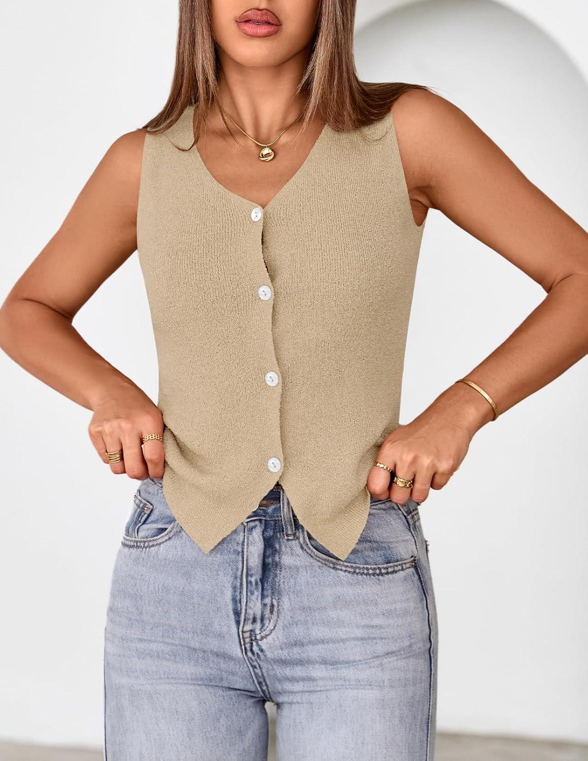 imageMEROKEETY Womens Sleeveless Sweater Vest 2026 Spring Summer Knit Tank Top Casual V Neck Button Waistcoat CardiganKhaki