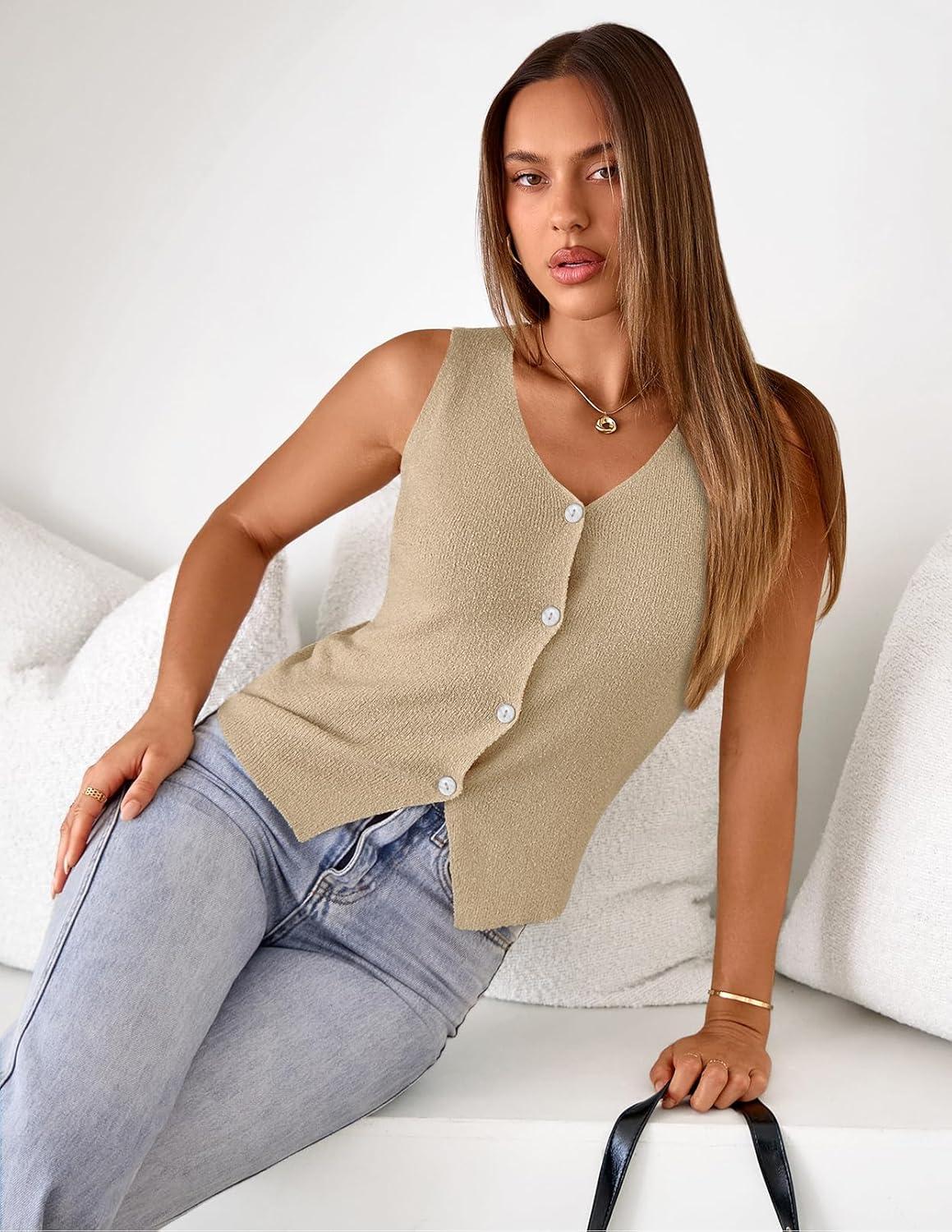 imageMEROKEETY Womens Sleeveless Sweater Vest 2026 Spring Summer Knit Tank Top Casual V Neck Button Waistcoat CardiganKhaki