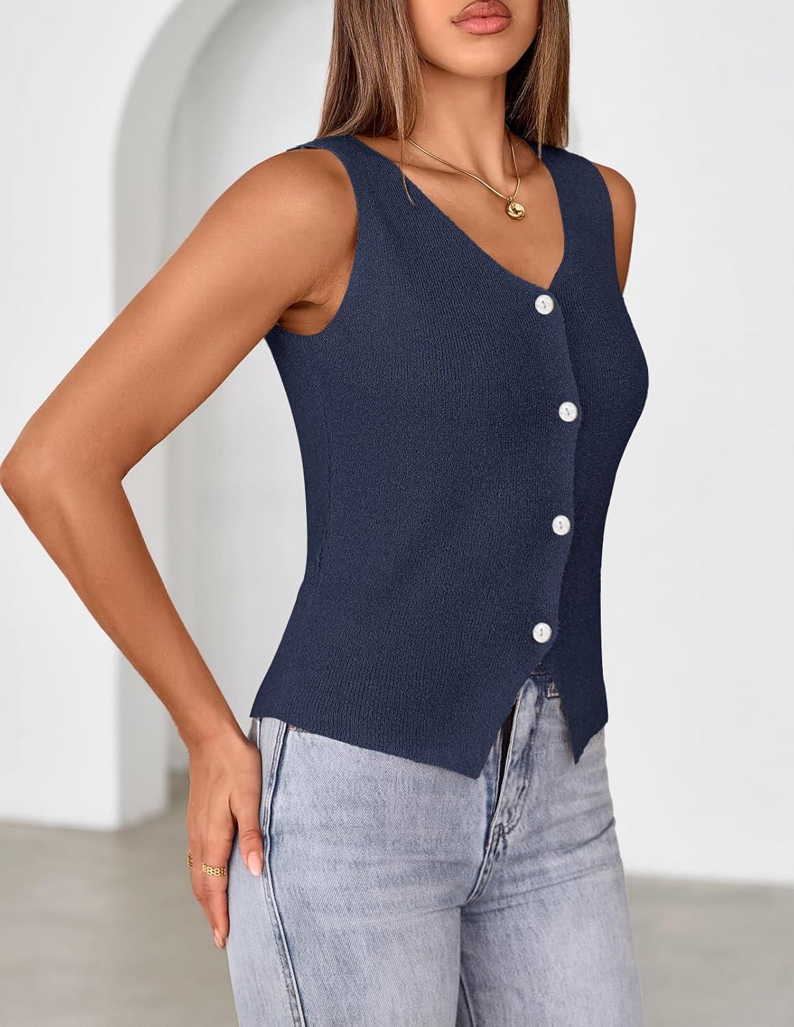 imageMEROKEETY Womens Sleeveless Sweater Vest 2026 Spring Summer Knit Tank Top Casual V Neck Button Waistcoat CardiganNavy