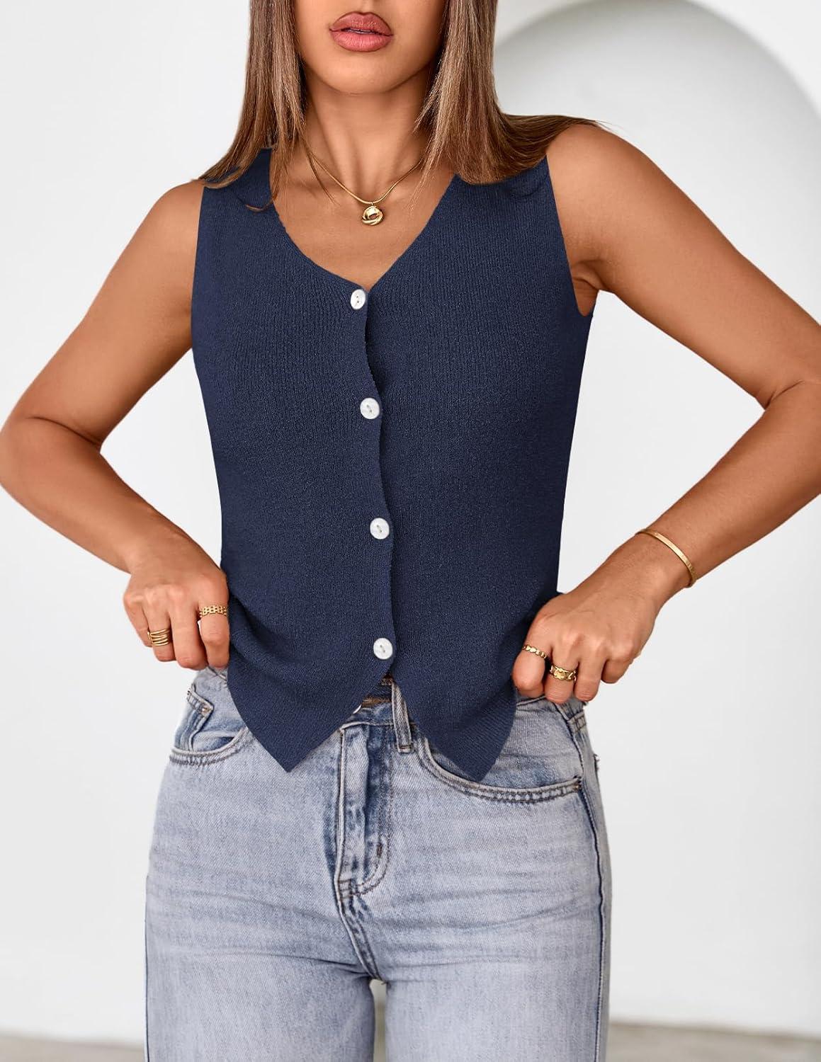 imageMEROKEETY Womens Sleeveless Sweater Vest 2026 Spring Summer Knit Tank Top Casual V Neck Button Waistcoat CardiganNavy