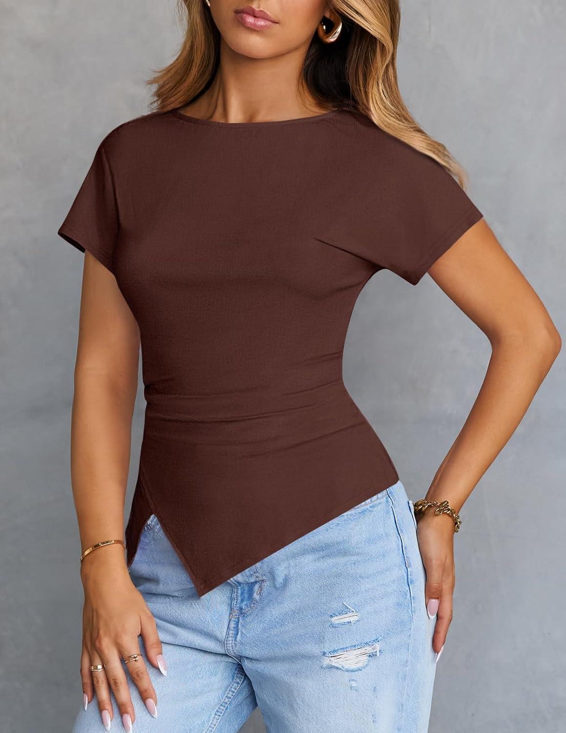 imageMEROKEETY Womens Summer Asymmetrical Tops 2026 Short Sleeve Boat Neck Ruched Slim Going Out TShirts Trendy Y2K ClothesCoffee