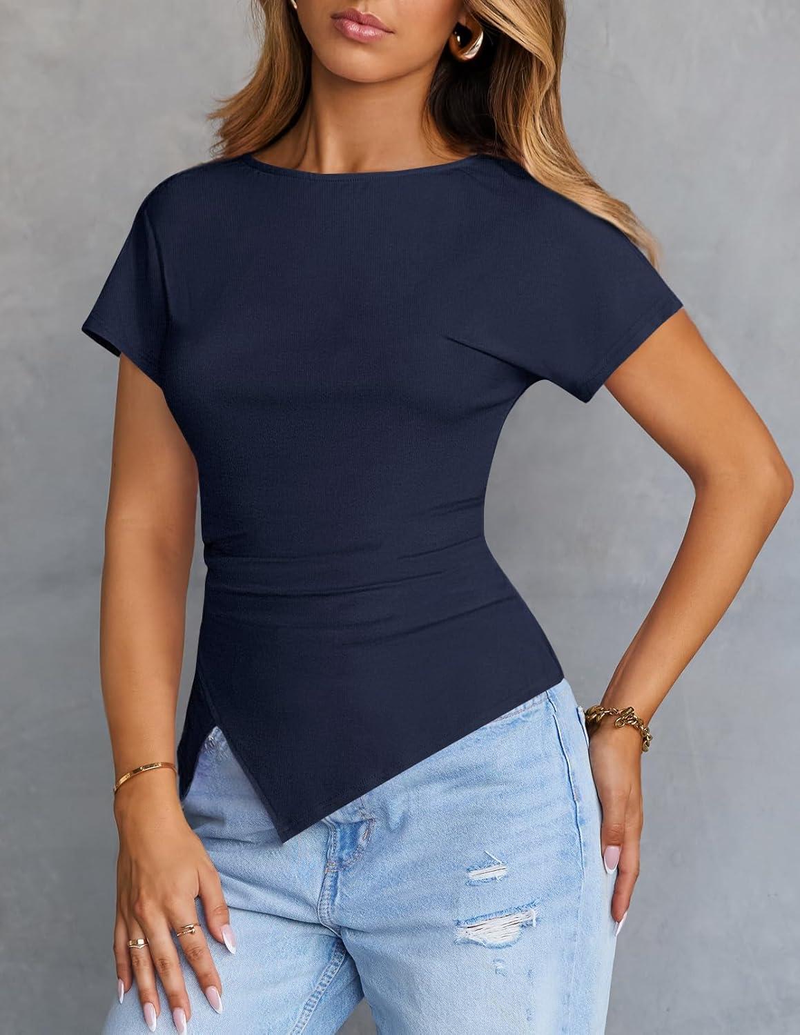 imageMEROKEETY Womens Summer Asymmetrical Tops 2026 Short Sleeve Boat Neck Ruched Slim Going Out TShirts Trendy Y2K ClothesNavy