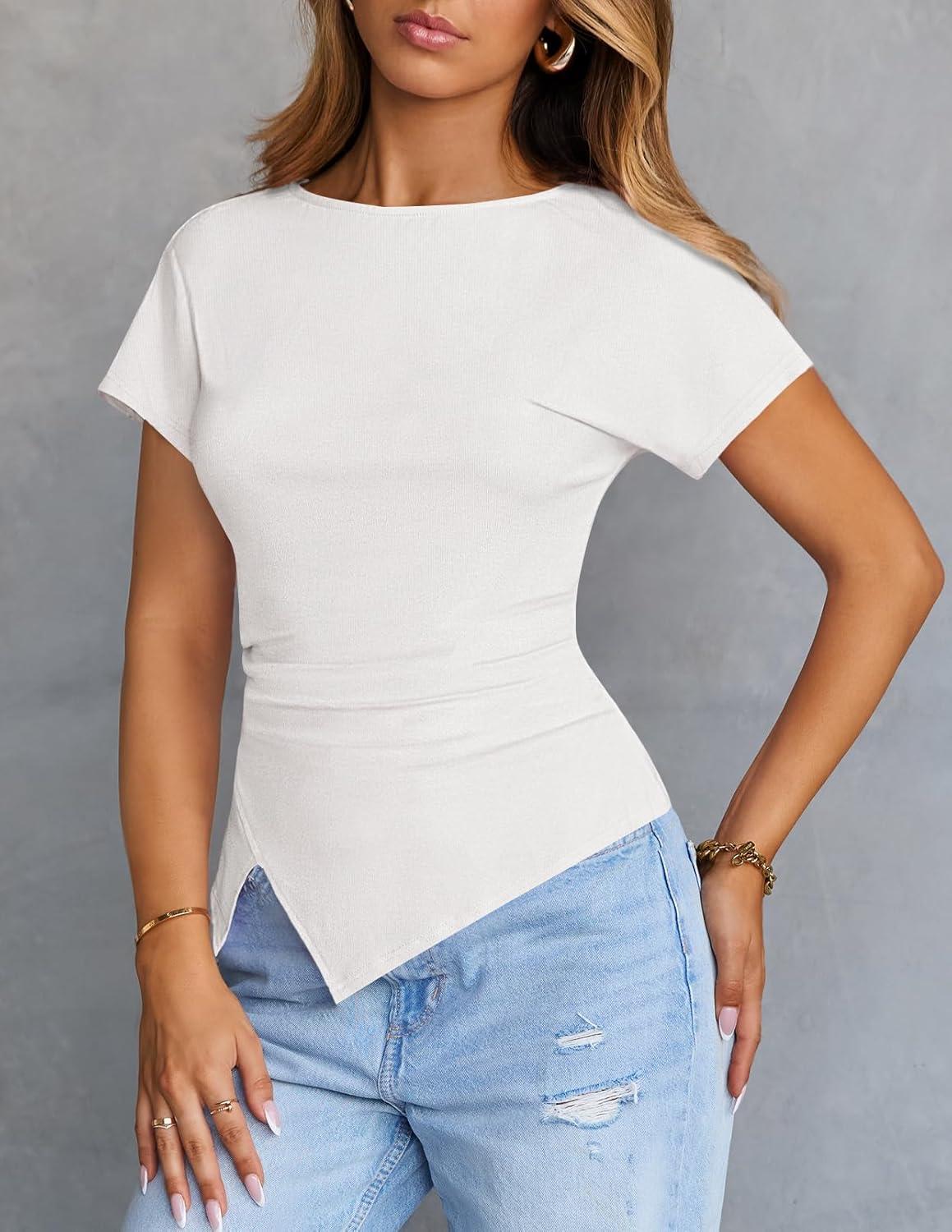 imageMEROKEETY Womens Summer Asymmetrical Tops 2026 Short Sleeve Boat Neck Ruched Slim Going Out TShirts Trendy Y2K ClothesWhite