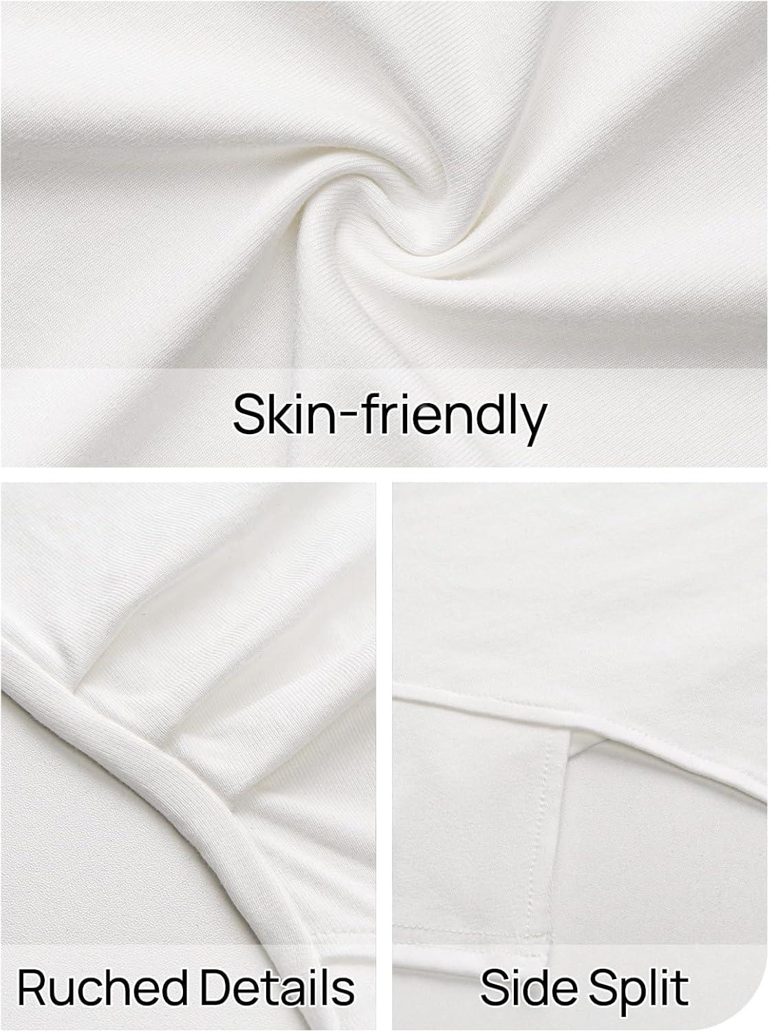 imageMEROKEETY Womens Summer Asymmetrical Tops 2026 Short Sleeve Boat Neck Ruched Slim Going Out TShirts Trendy Y2K ClothesWhite