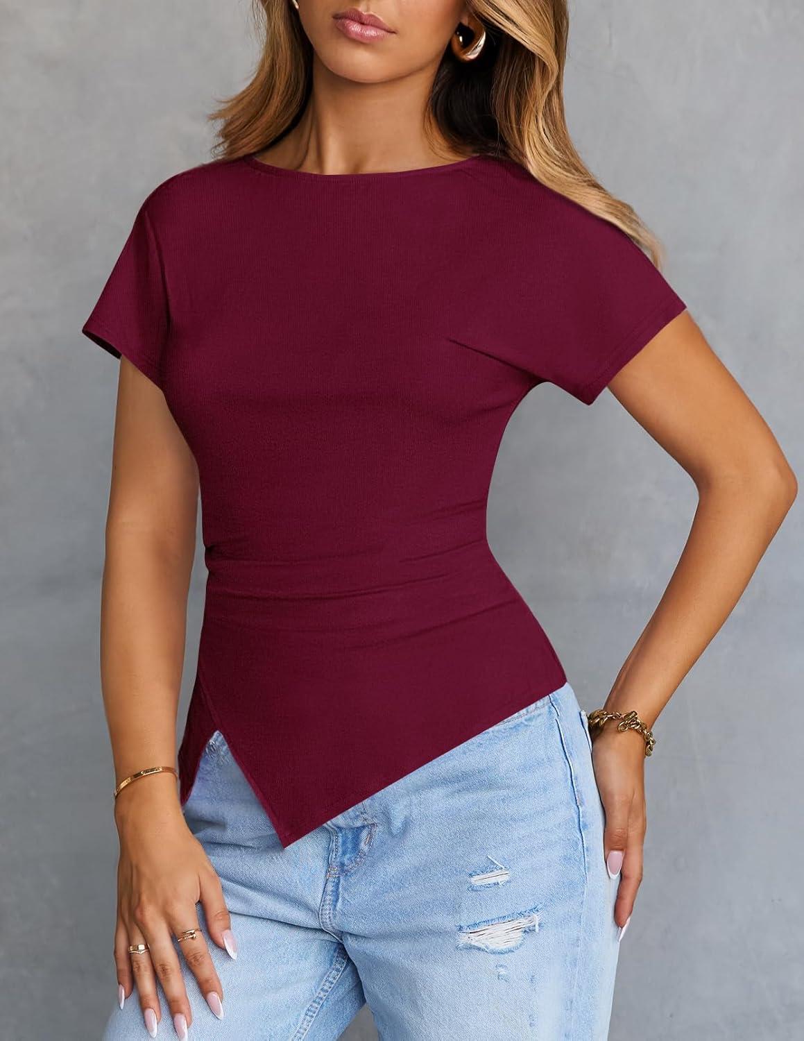 imageMEROKEETY Womens Summer Asymmetrical Tops 2026 Short Sleeve Boat Neck Ruched Slim Going Out TShirts Trendy Y2K ClothesWine