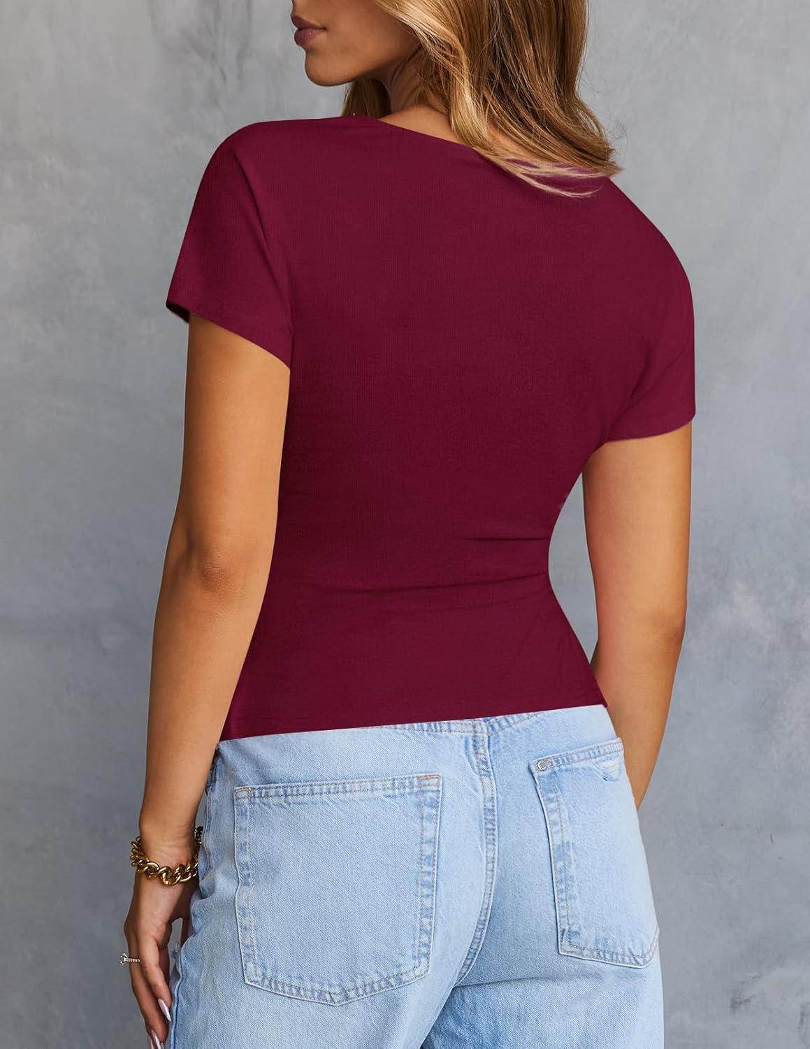 imageMEROKEETY Womens Summer Asymmetrical Tops 2026 Short Sleeve Boat Neck Ruched Slim Going Out TShirts Trendy Y2K ClothesWine