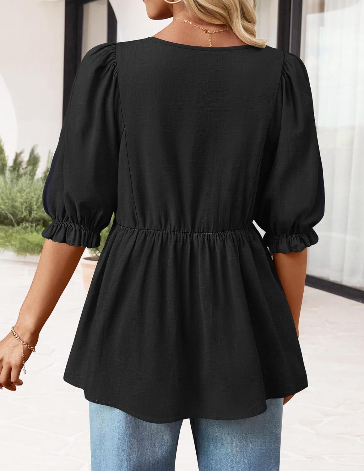 imageMEROKEETY Womens Summer Babydoll Peplum Tops Blouse 2026 Puff Short Sleeve Crewneck Ruffle Casual Cute ShirtsBlack