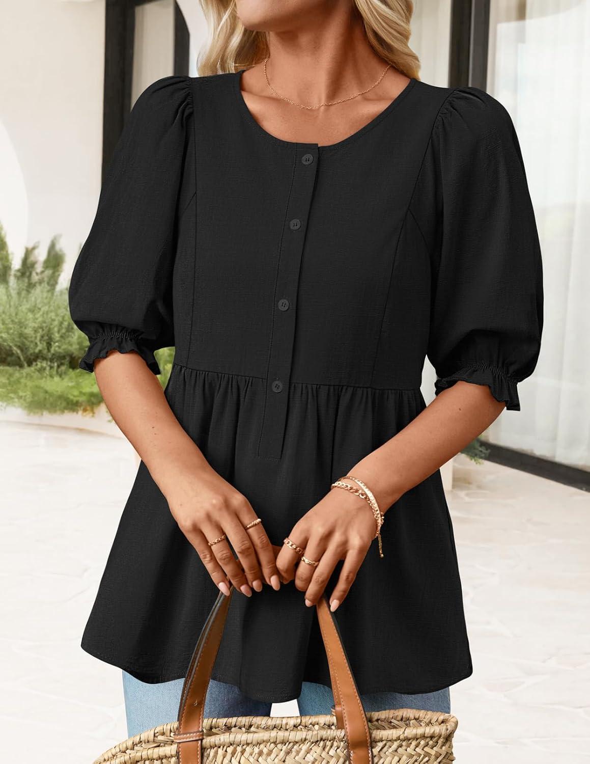 imageMEROKEETY Womens Summer Babydoll Peplum Tops Blouse 2026 Puff Short Sleeve Crewneck Ruffle Casual Cute ShirtsBlack