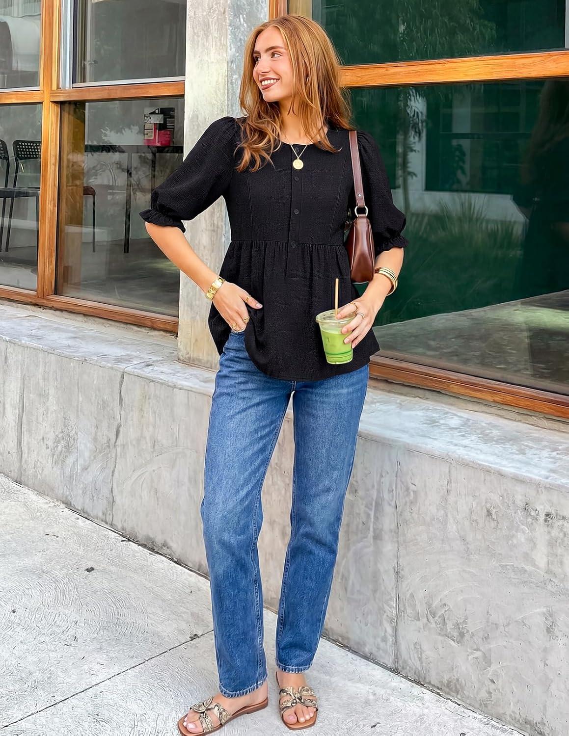 imageMEROKEETY Womens Summer Babydoll Peplum Tops Blouse 2026 Puff Short Sleeve Crewneck Ruffle Casual Cute ShirtsBlack