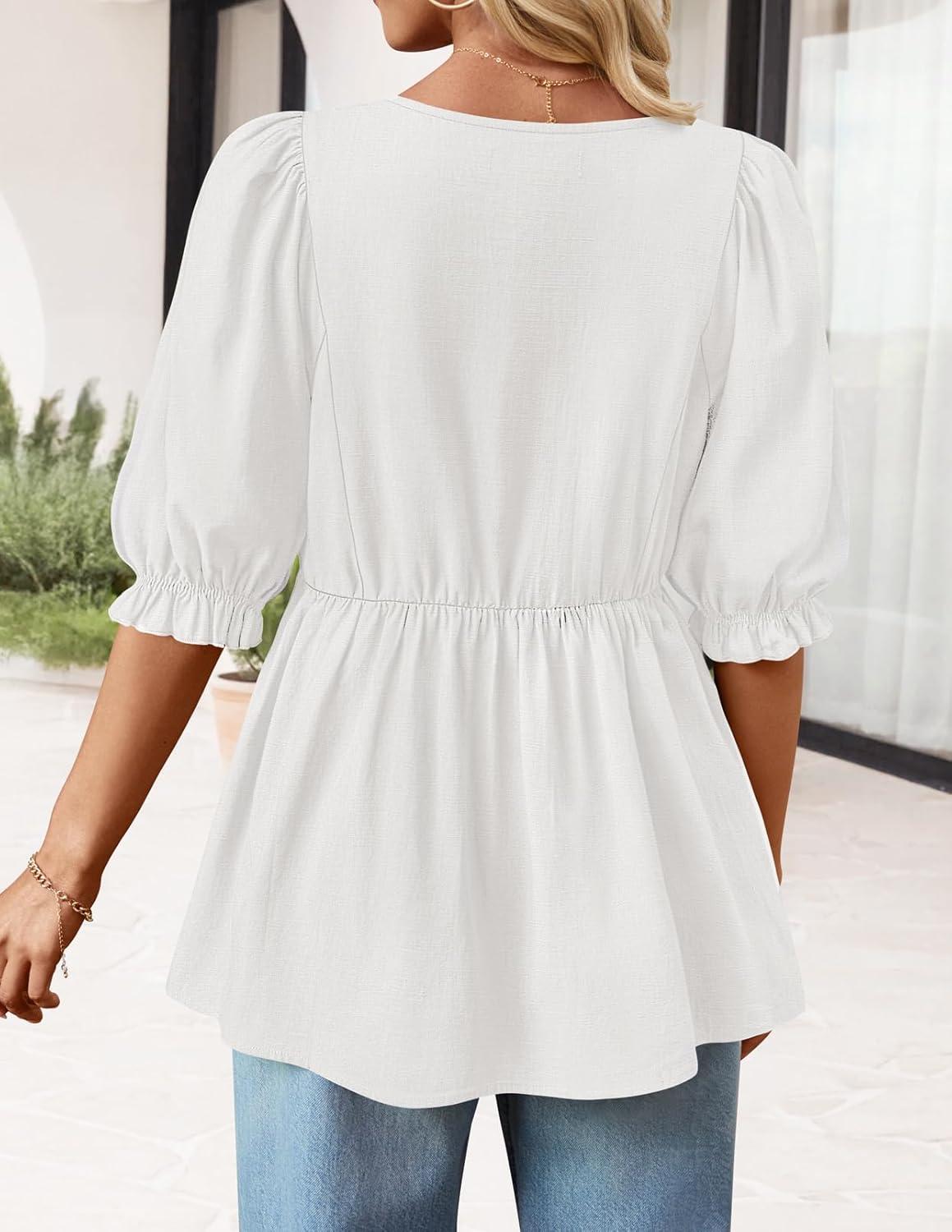 imageMEROKEETY Womens Summer Babydoll Peplum Tops Blouse 2026 Puff Short Sleeve Crewneck Ruffle Casual Cute ShirtsWhite