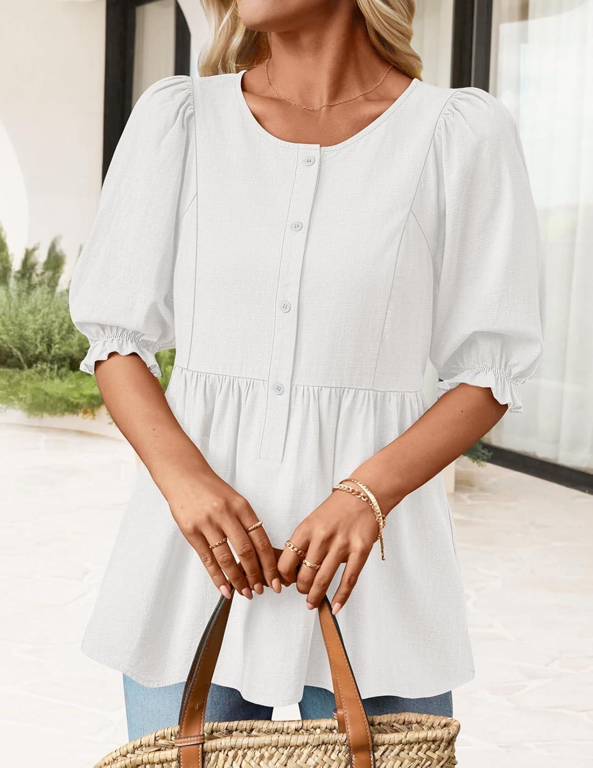 imageMEROKEETY Womens Summer Babydoll Peplum Tops Blouse 2026 Puff Short Sleeve Crewneck Ruffle Casual Cute ShirtsWhite