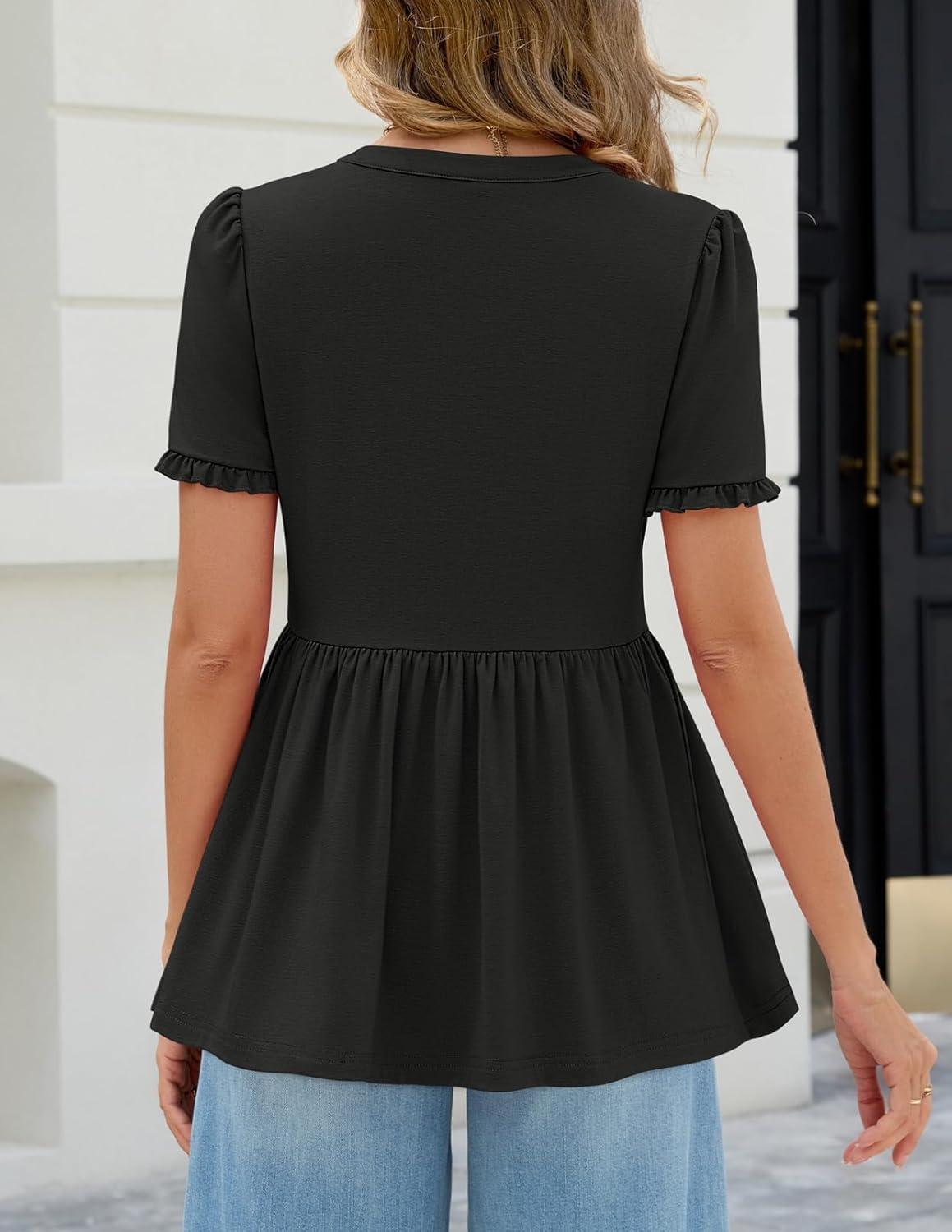 imageMEROKEETY Womens Summer Peplum Tunic Blouse 2026 Babydoll Tops Ruffle Short Sleeve V Neck Casual Loose T ShirtsBlack