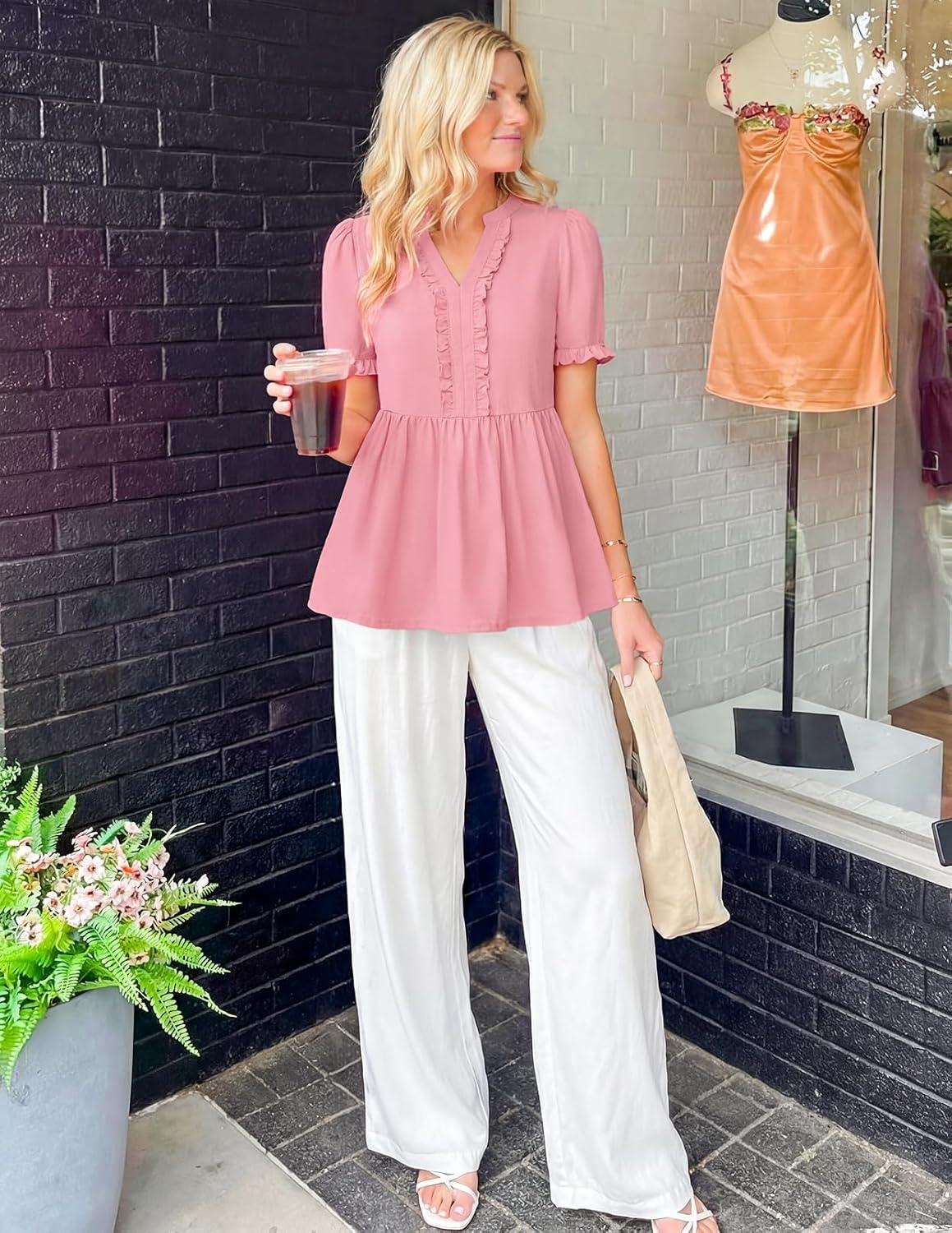 imageMEROKEETY Womens Summer Peplum Tunic Blouse 2026 Babydoll Tops Ruffle Short Sleeve V Neck Casual Loose T ShirtsPink