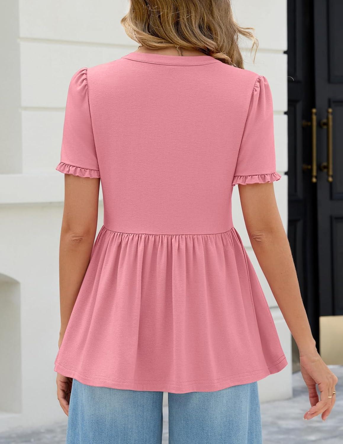 imageMEROKEETY Womens Summer Peplum Tunic Blouse 2026 Babydoll Tops Ruffle Short Sleeve V Neck Casual Loose T ShirtsPink