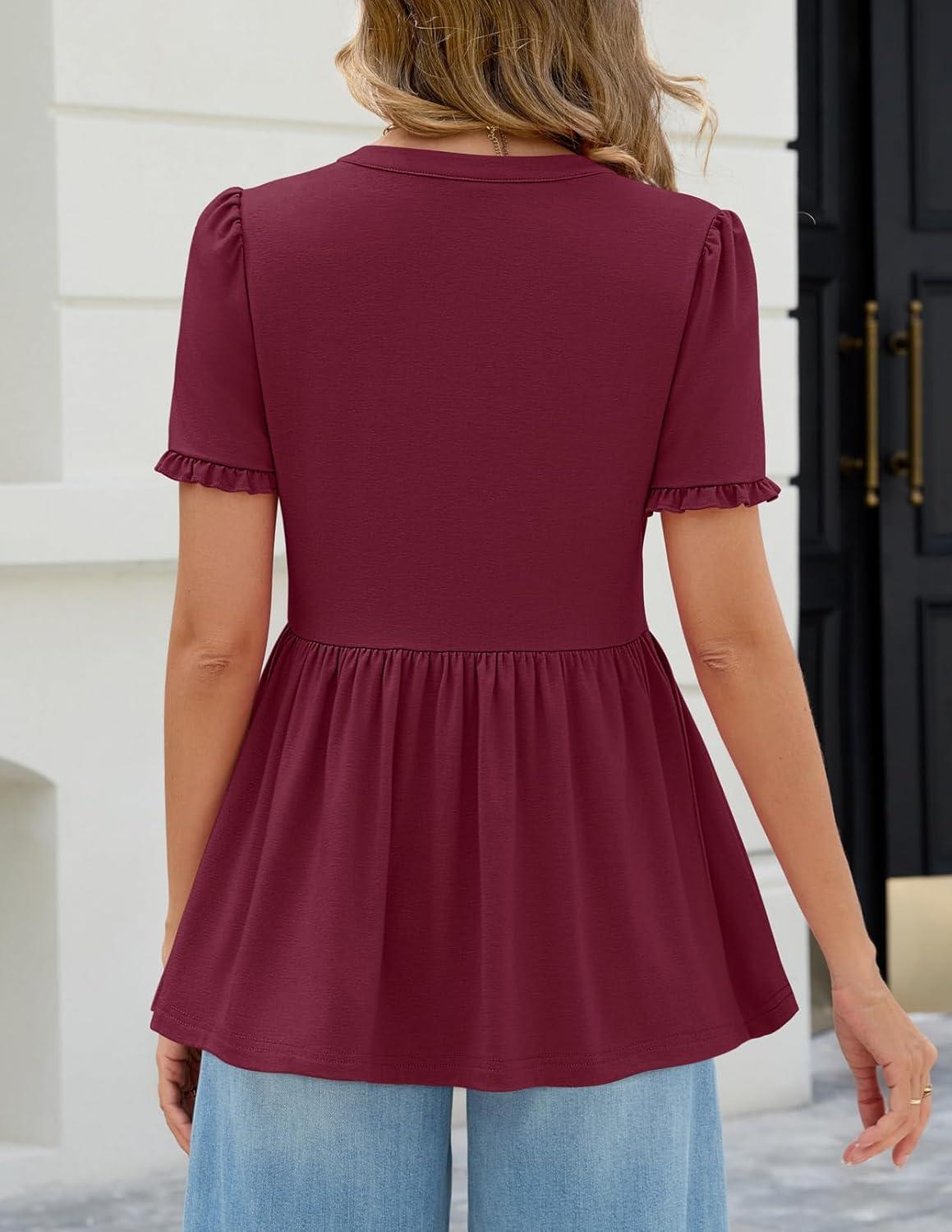 imageMEROKEETY Womens Summer Peplum Tunic Blouse 2026 Babydoll Tops Ruffle Short Sleeve V Neck Casual Loose T ShirtsWine