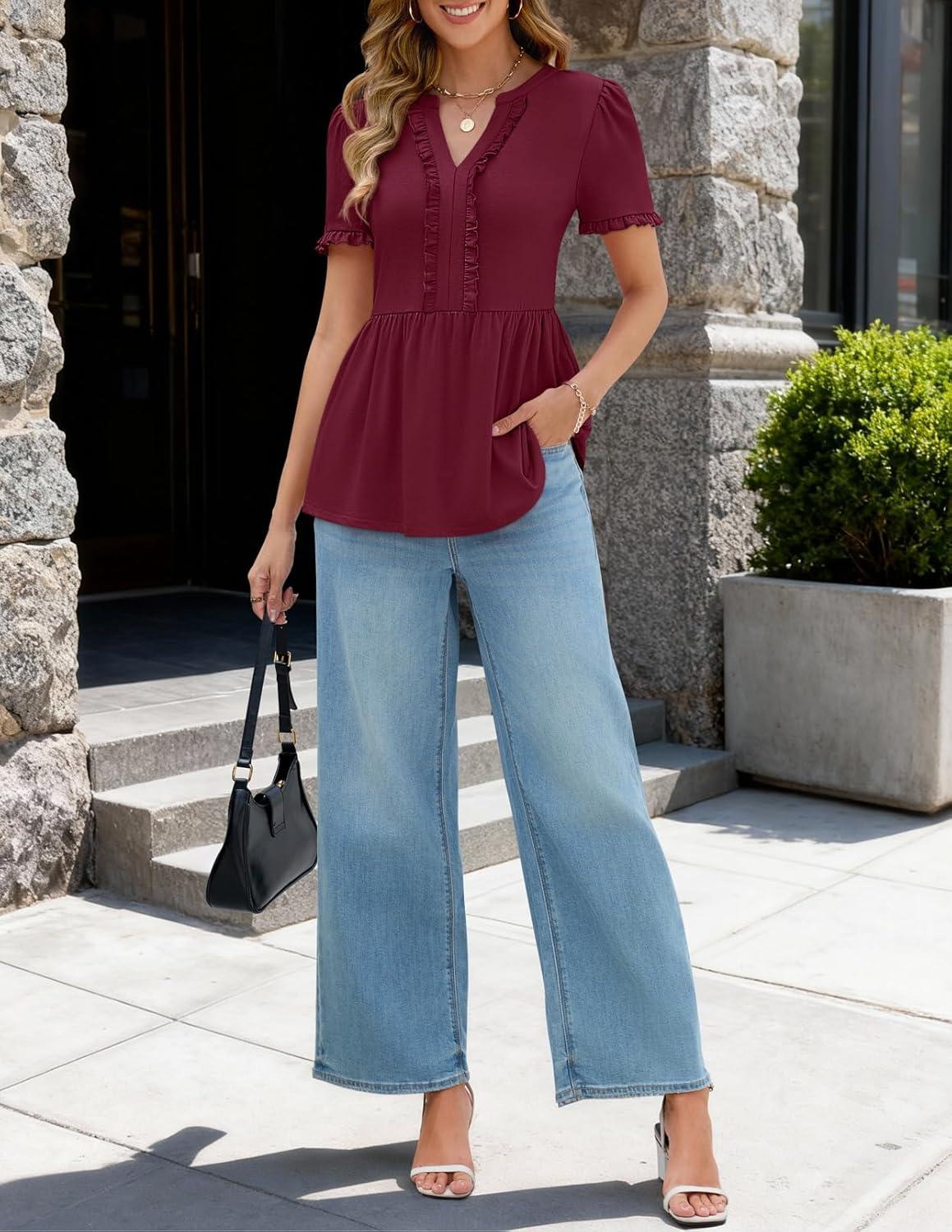 imageMEROKEETY Womens Summer Peplum Tunic Blouse 2026 Babydoll Tops Ruffle Short Sleeve V Neck Casual Loose T ShirtsWine