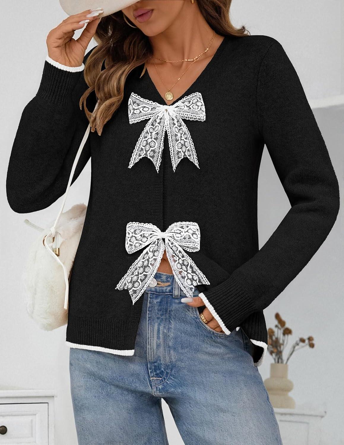 imageMEROKEETY Womens Tie Front Bow Cardigan Sweaters 2025 Long Sleeve Chunky Knit Cute Trendy Fall Winter CoatsBlack