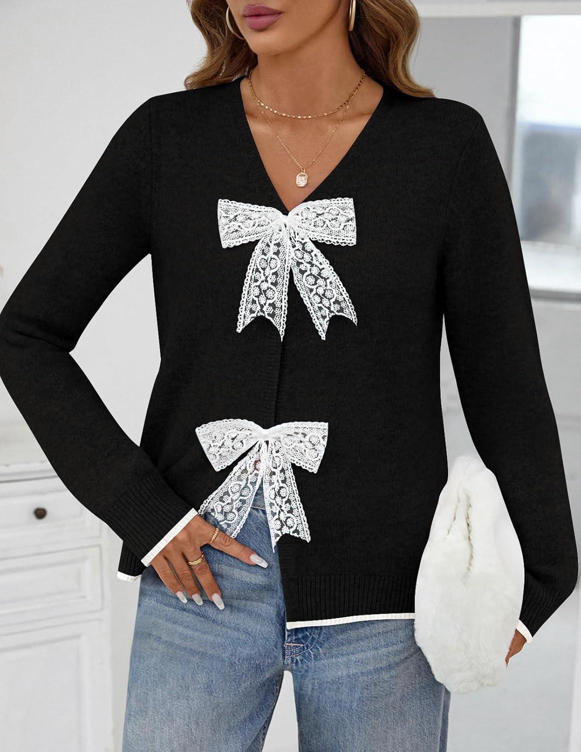 imageMEROKEETY Womens Tie Front Bow Cardigan Sweaters 2025 Long Sleeve Chunky Knit Cute Trendy Fall Winter CoatsBlack