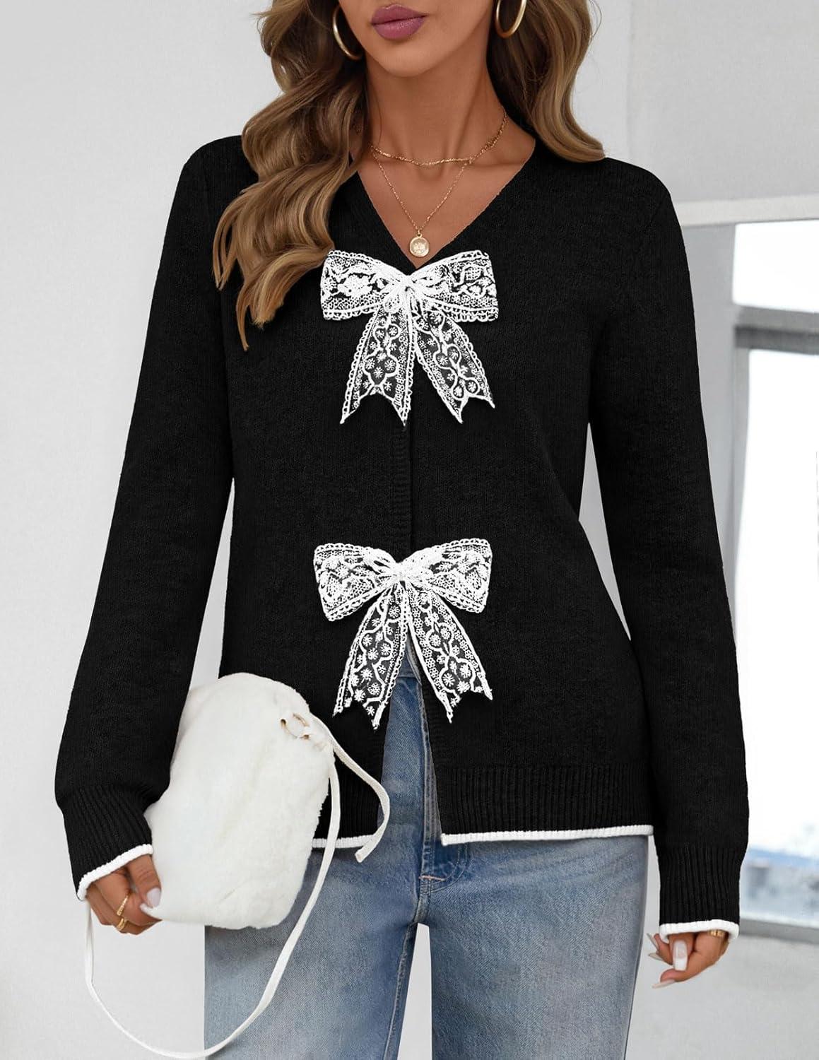 imageMEROKEETY Womens Tie Front Bow Cardigan Sweaters 2025 Long Sleeve Chunky Knit Cute Trendy Fall Winter CoatsBlack