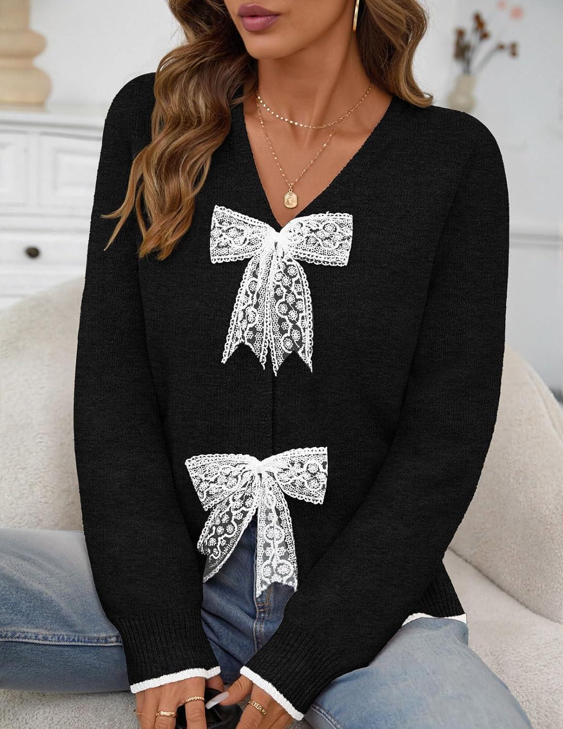 imageMEROKEETY Womens Tie Front Bow Cardigan Sweaters 2025 Long Sleeve Chunky Knit Cute Trendy Fall Winter CoatsBlack