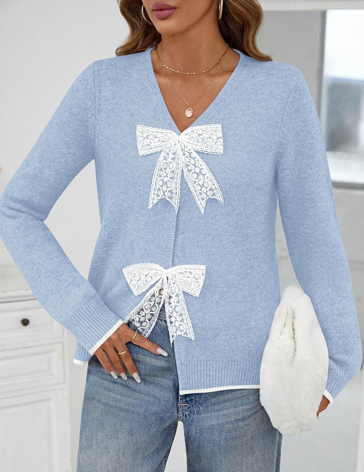 imageMEROKEETY Womens Tie Front Bow Cardigan Sweaters 2025 Long Sleeve Chunky Knit Cute Trendy Fall Winter CoatsBlue