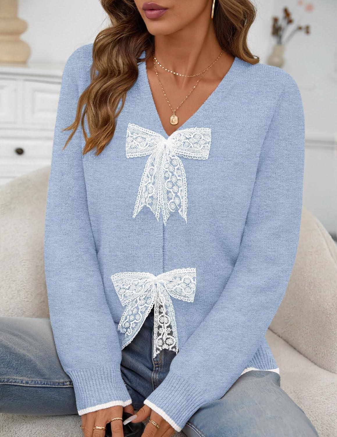 imageMEROKEETY Womens Tie Front Bow Cardigan Sweaters 2025 Long Sleeve Chunky Knit Cute Trendy Fall Winter CoatsBlue
