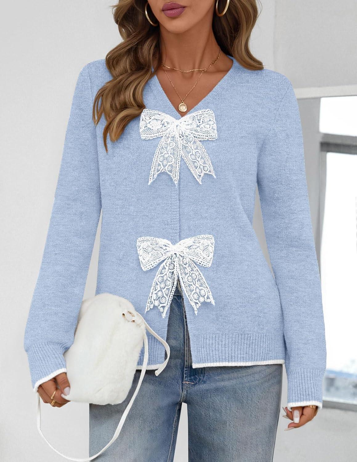 imageMEROKEETY Womens Tie Front Bow Cardigan Sweaters 2025 Long Sleeve Chunky Knit Cute Trendy Fall Winter CoatsBlue
