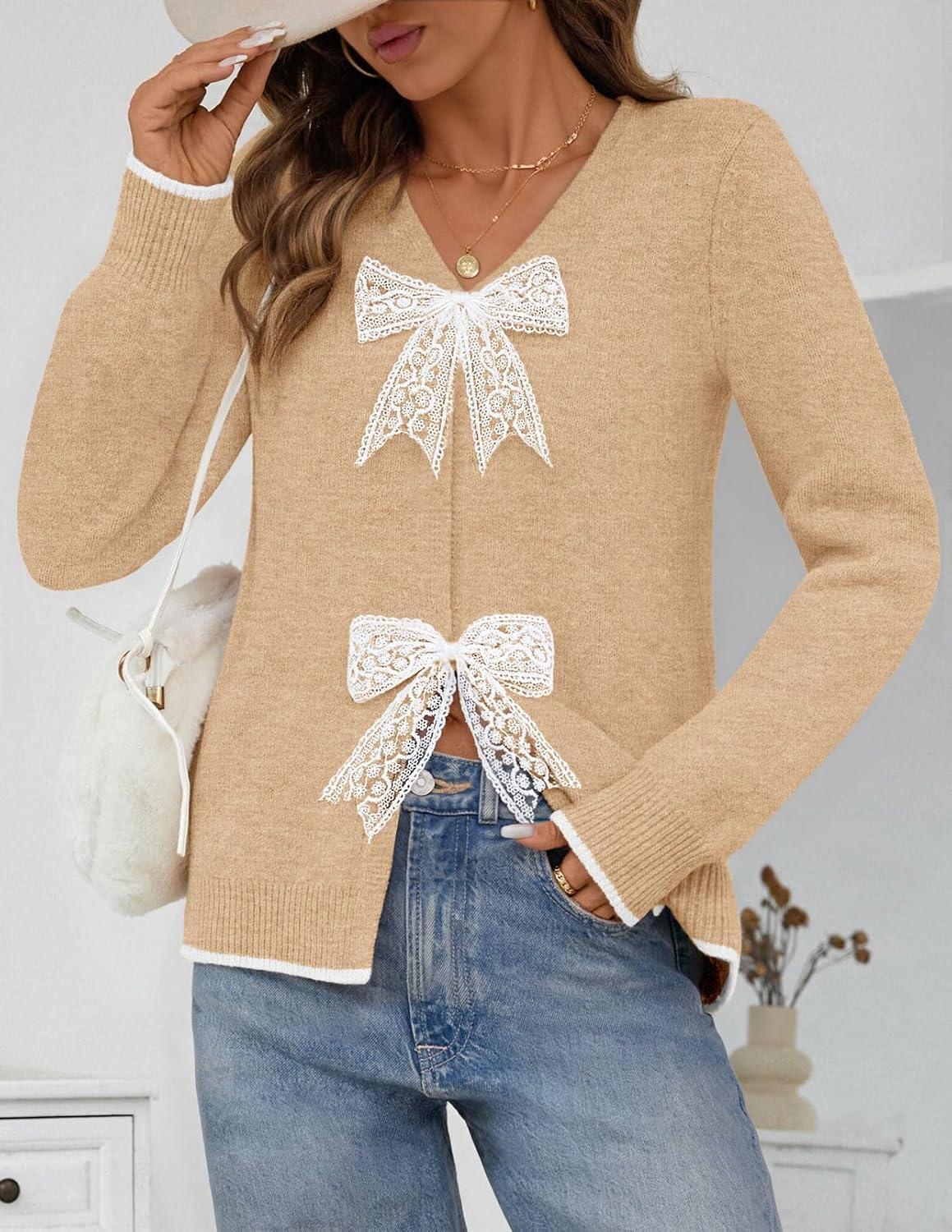 imageMEROKEETY Womens Tie Front Bow Cardigan Sweaters 2025 Long Sleeve Chunky Knit Cute Trendy Fall Winter CoatsCamel