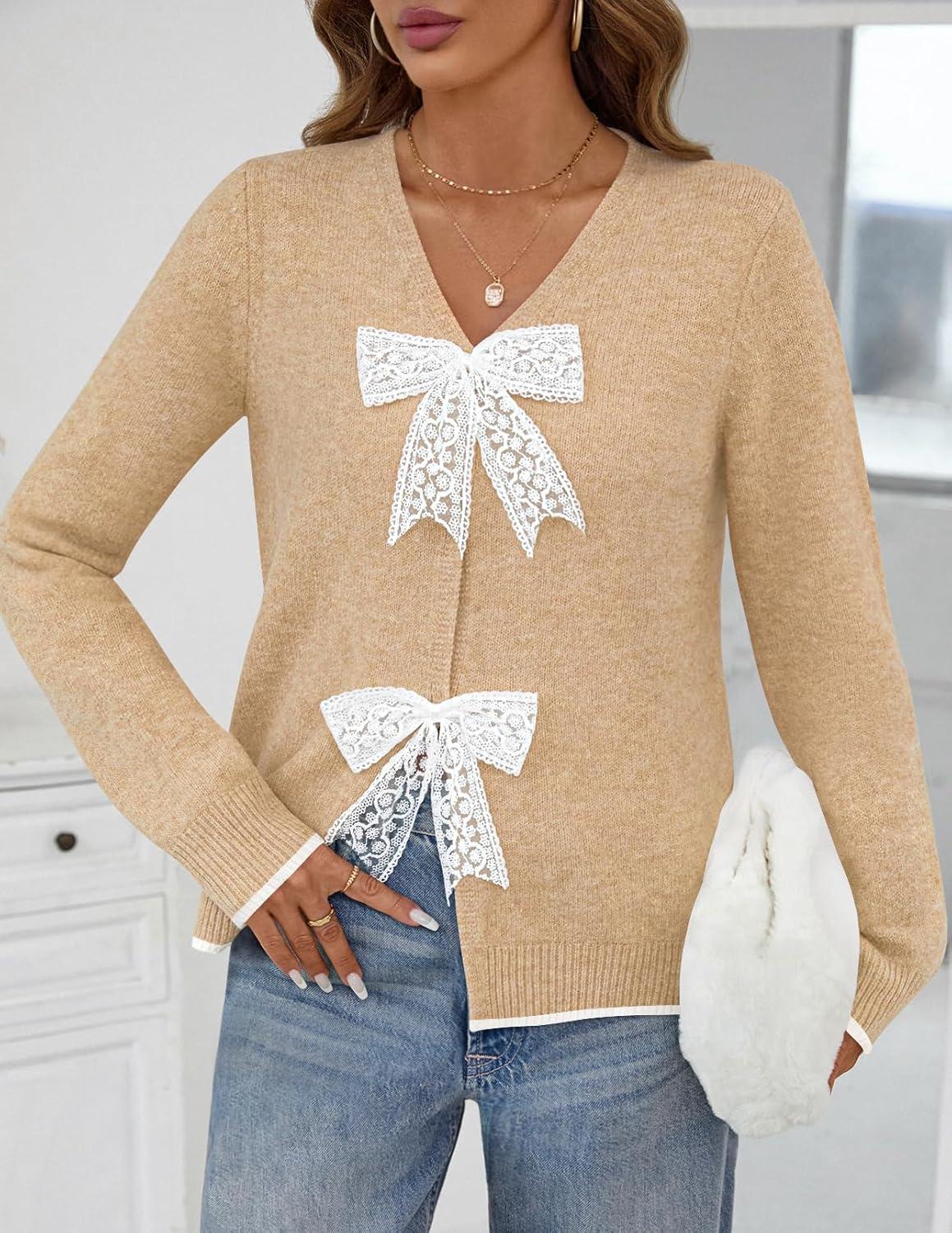imageMEROKEETY Womens Tie Front Bow Cardigan Sweaters 2025 Long Sleeve Chunky Knit Cute Trendy Fall Winter CoatsCamel