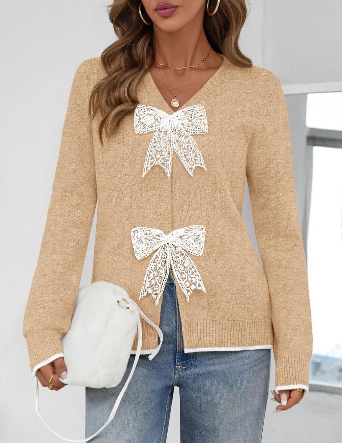 imageMEROKEETY Womens Tie Front Bow Cardigan Sweaters 2025 Long Sleeve Chunky Knit Cute Trendy Fall Winter CoatsCamel